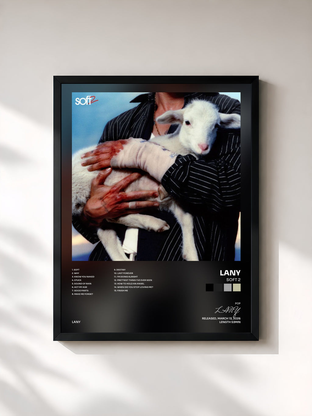 #noir Tableau de l'album Soft 2 de LANY, cadre noir, imprimé et encadré en France