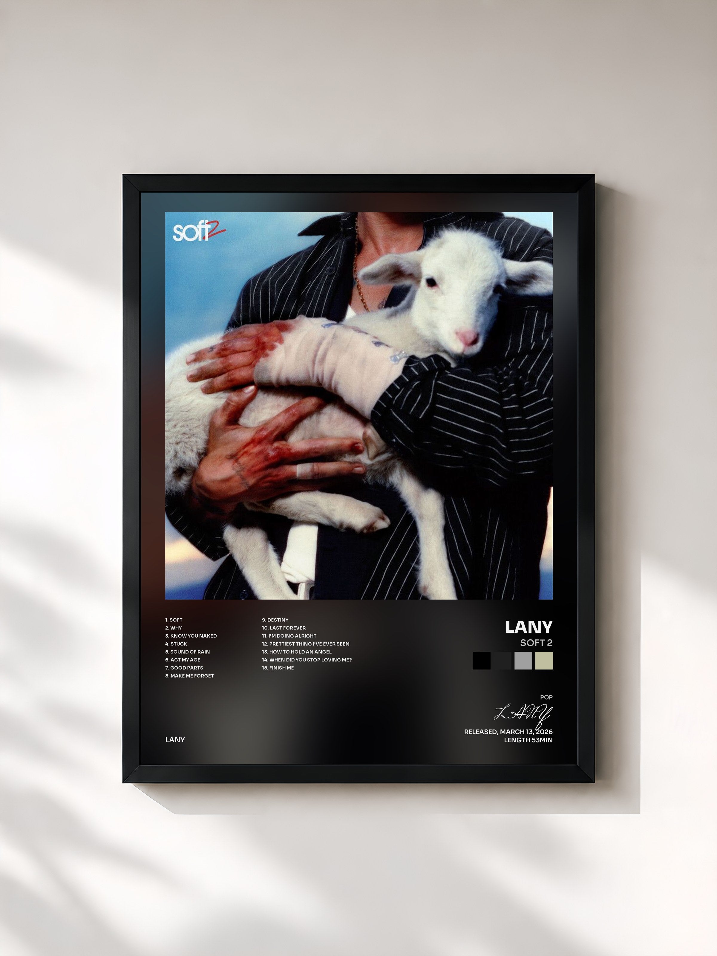 #noir Tableau de l'album Soft 2 de LANY, cadre noir, imprimé et encadré en France