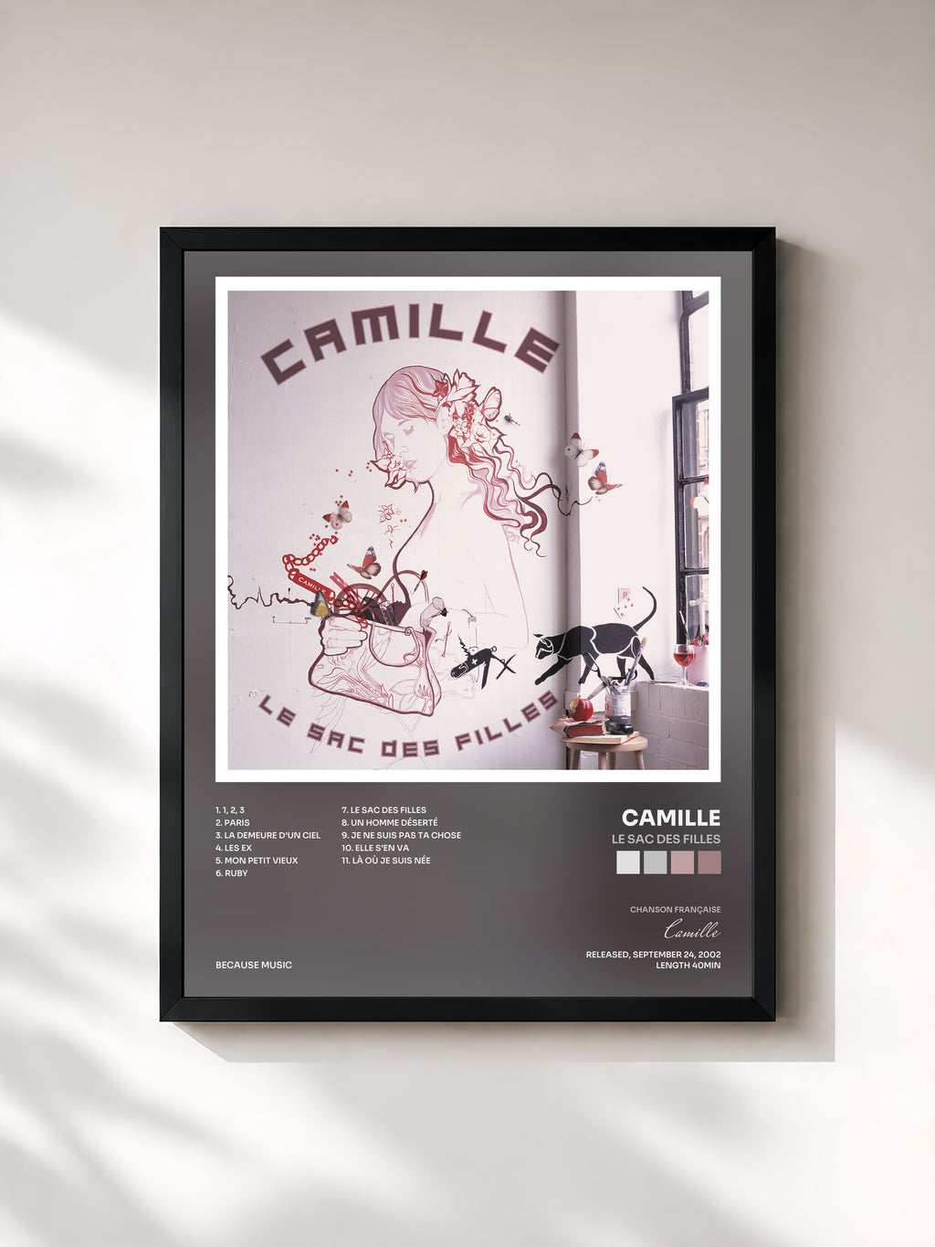 #noir Tableau de l'album Le sac des filles de Camille, cadre noir, imprimé et encadré en France