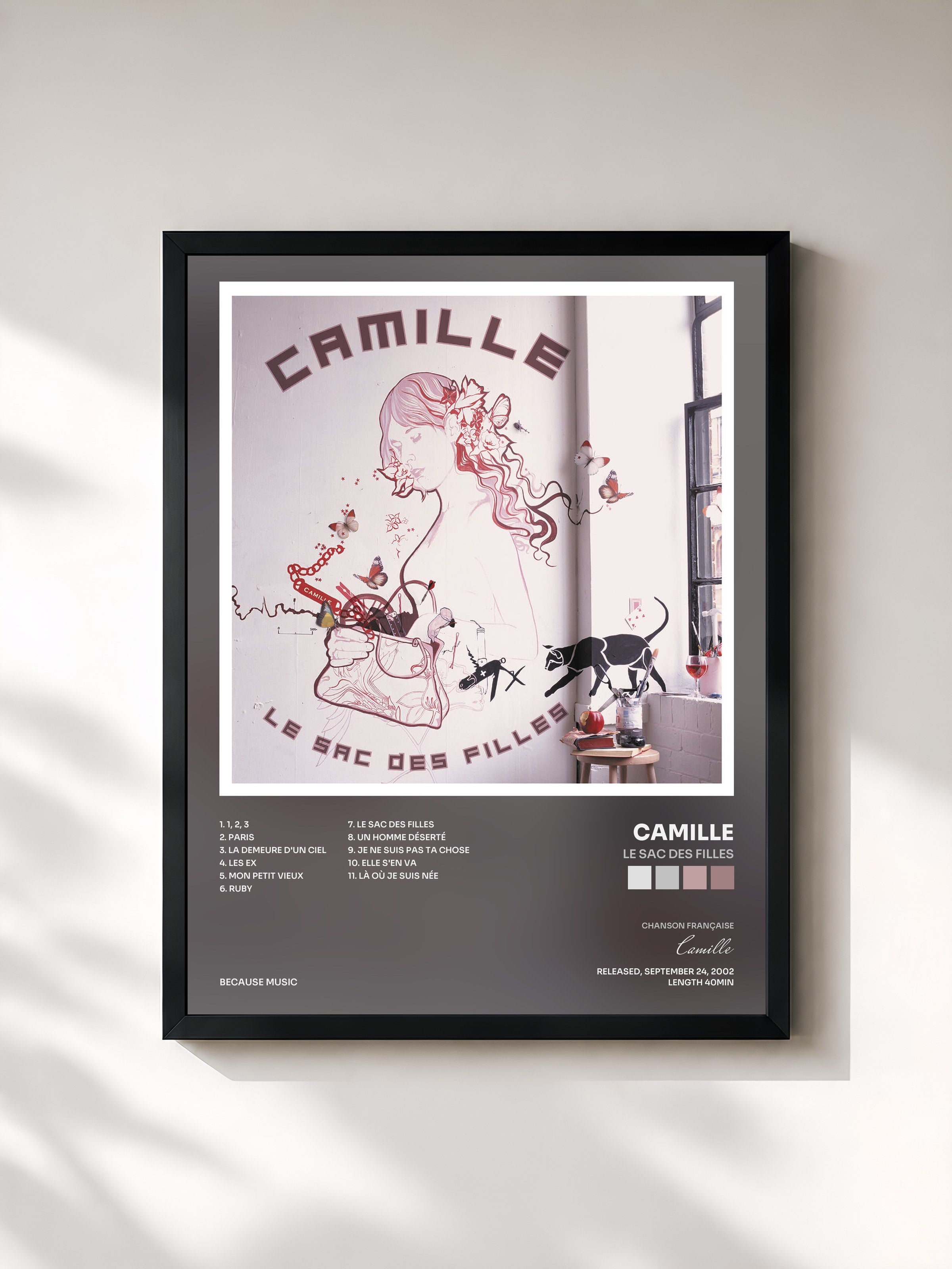 #noir Tableau de l'album Le sac des filles de Camille, cadre noir, imprimé et encadré en France
