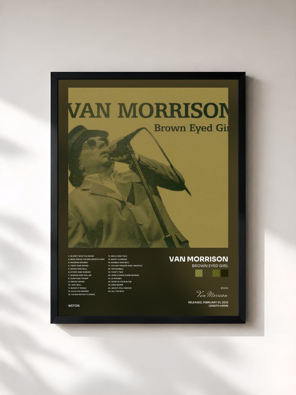 #noir Tableau de l'album Brown Eyed Girl de Van Morrison, cadre noir, imprimé et encadré en France