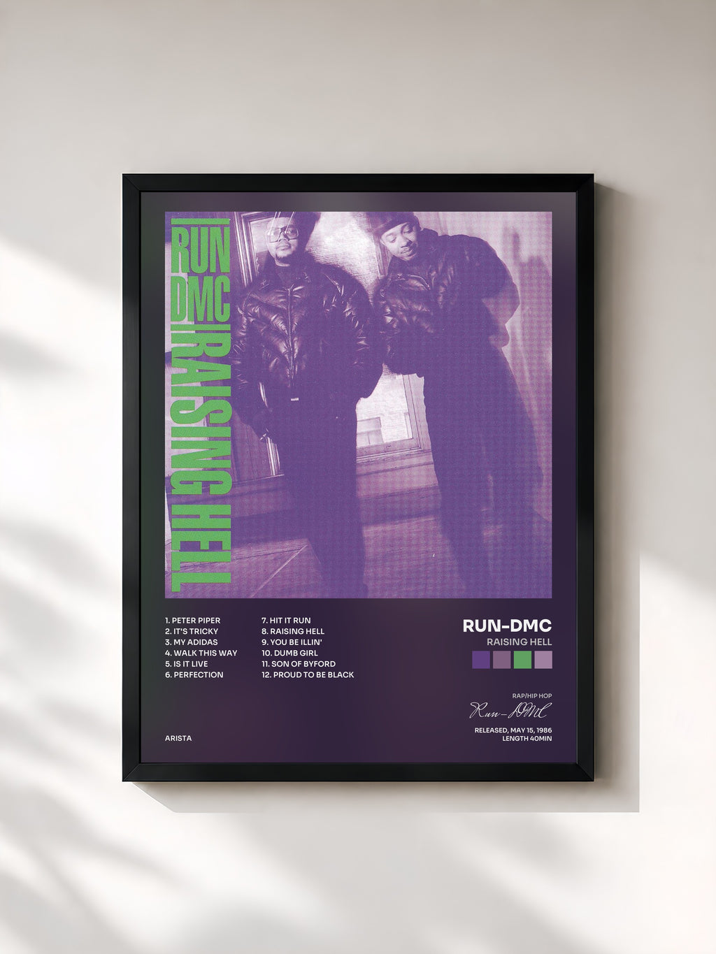 #noir Tableau de l'album Raising Hell de Run-DMC, cadre noir, imprimé et encadré en France