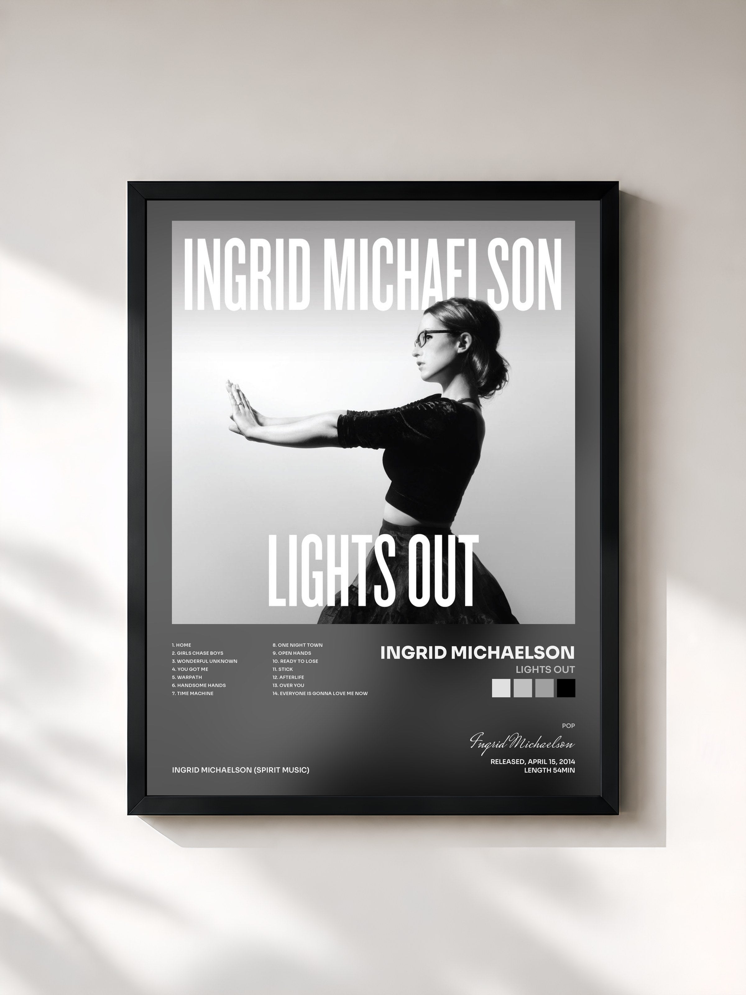 #noir Tableau de l'album Lights Out de Ingrid Michaelson, cadre noir, imprimé et encadré en France