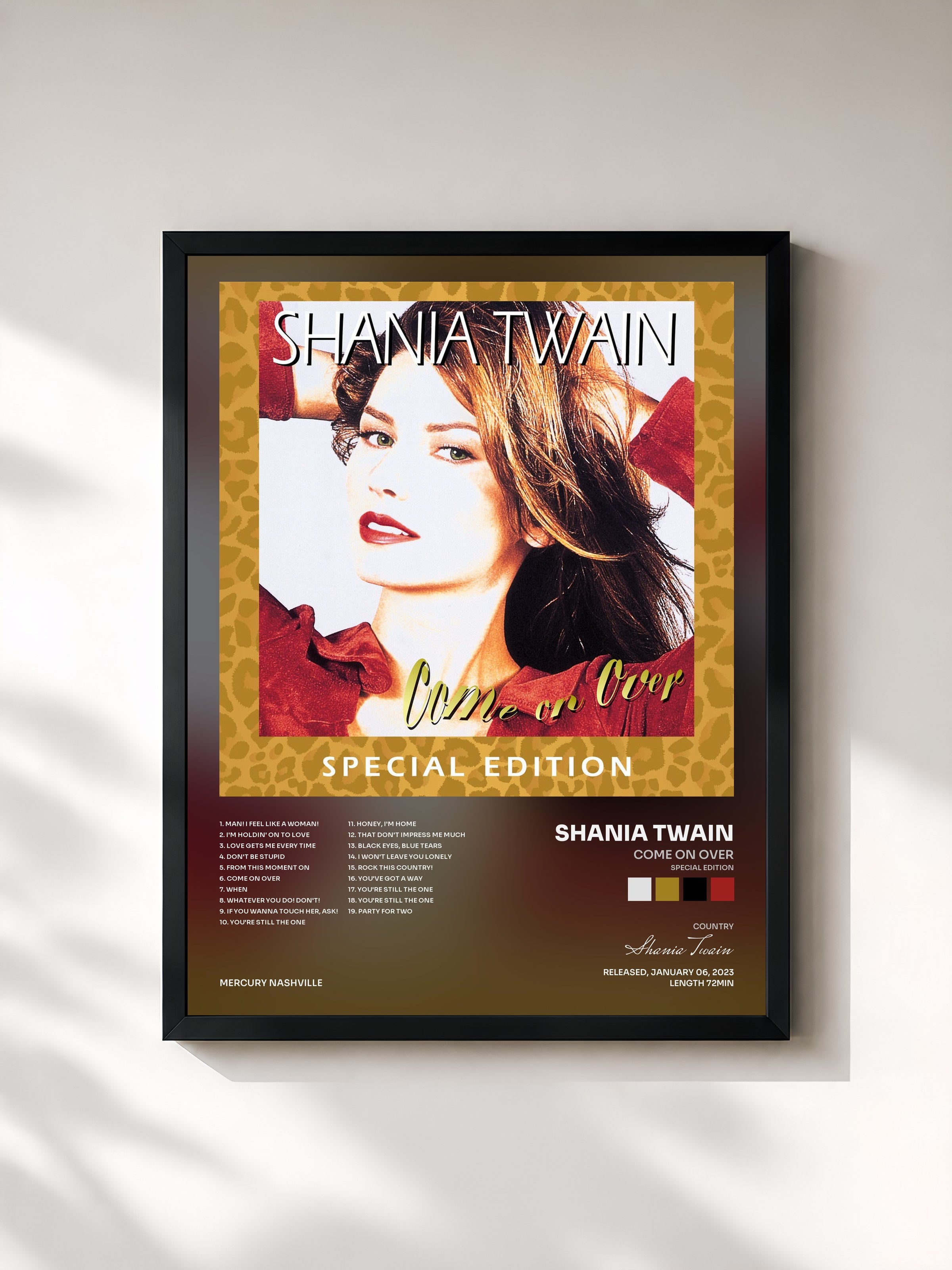 #noir Tableau de l'album Come On Over (Special Edition) de Shania Twain, cadre noir, imprimé et encadré en France