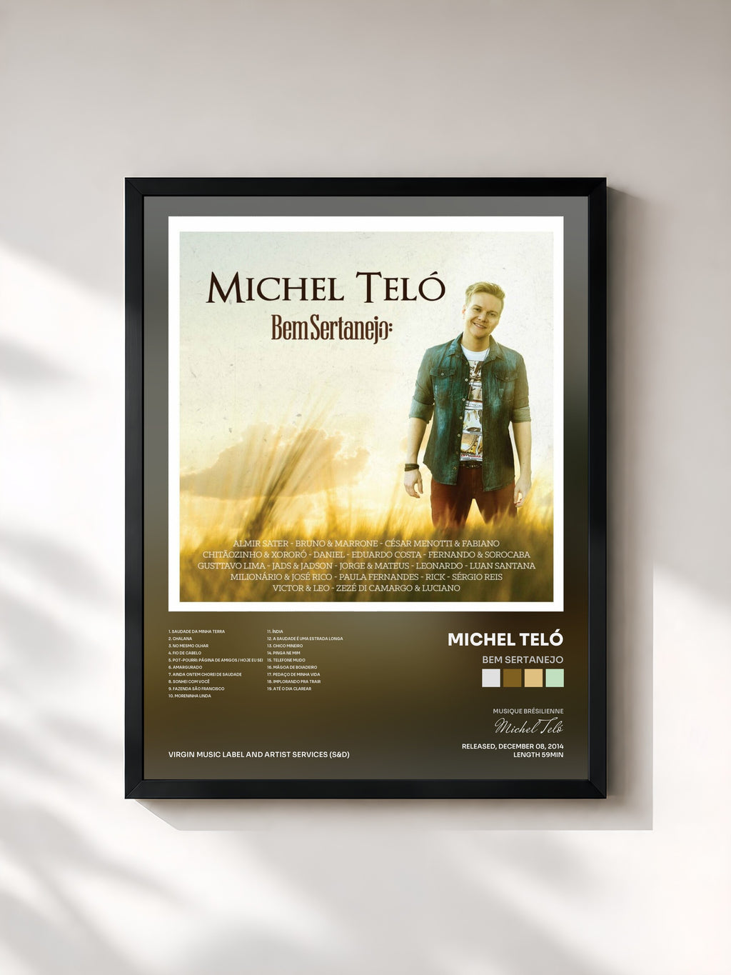 #noir Tableau de l'album Bem Sertanejo de Michel Teló, cadre noir, imprimé et encadré en France