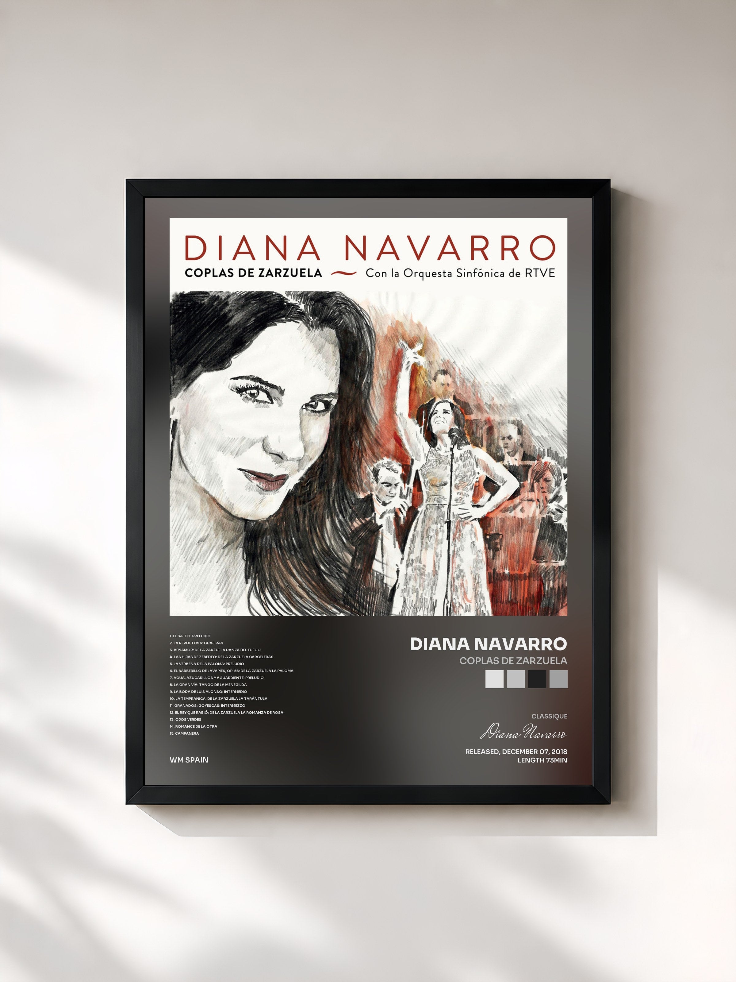 #noir Tableau de l'album Coplas de Zarzuela de Diana Navarro, cadre noir, imprimé et encadré en France