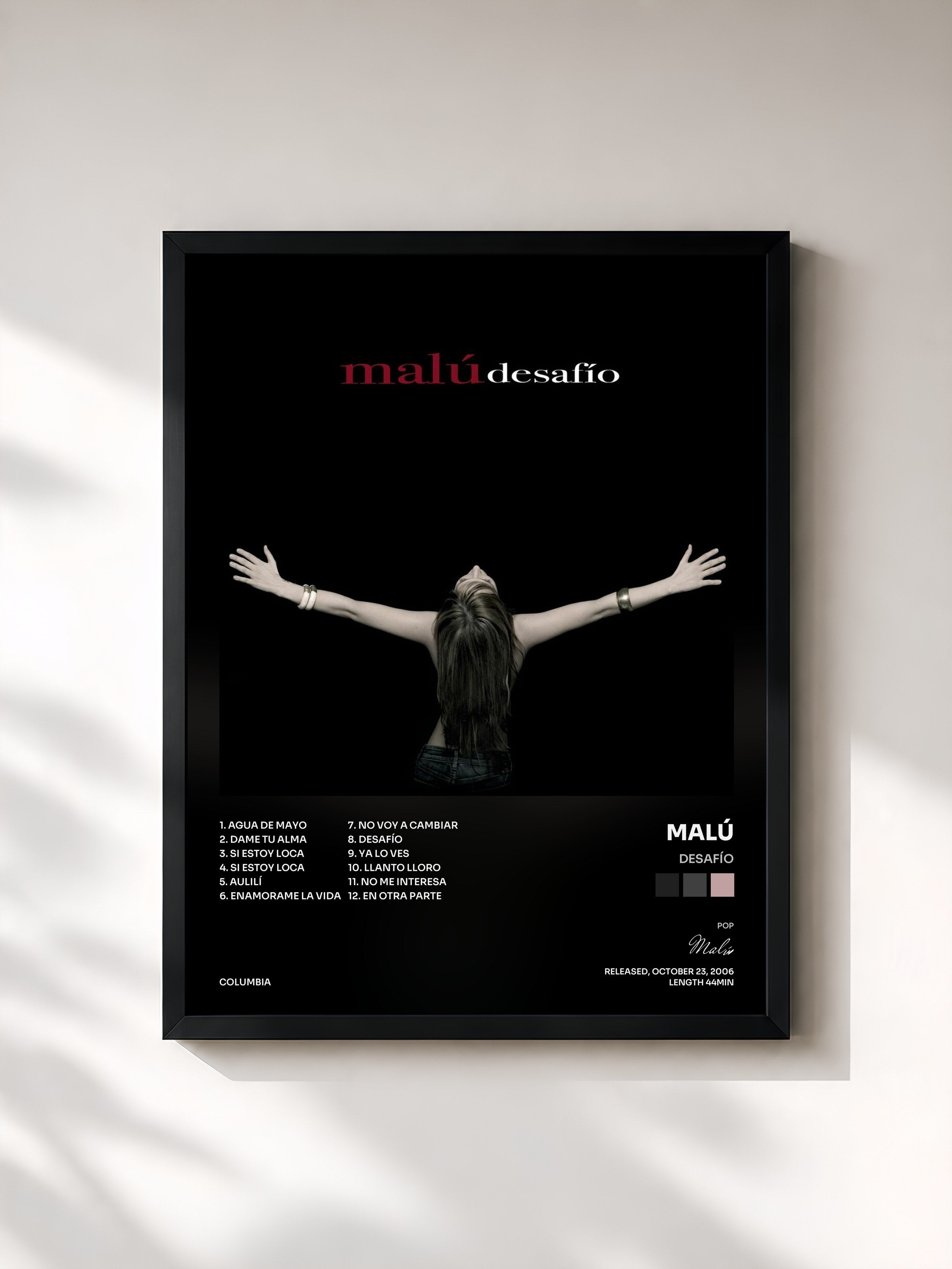 #noir Tableau de l'album Desafío de Malú, cadre noir, imprimé et encadré en France