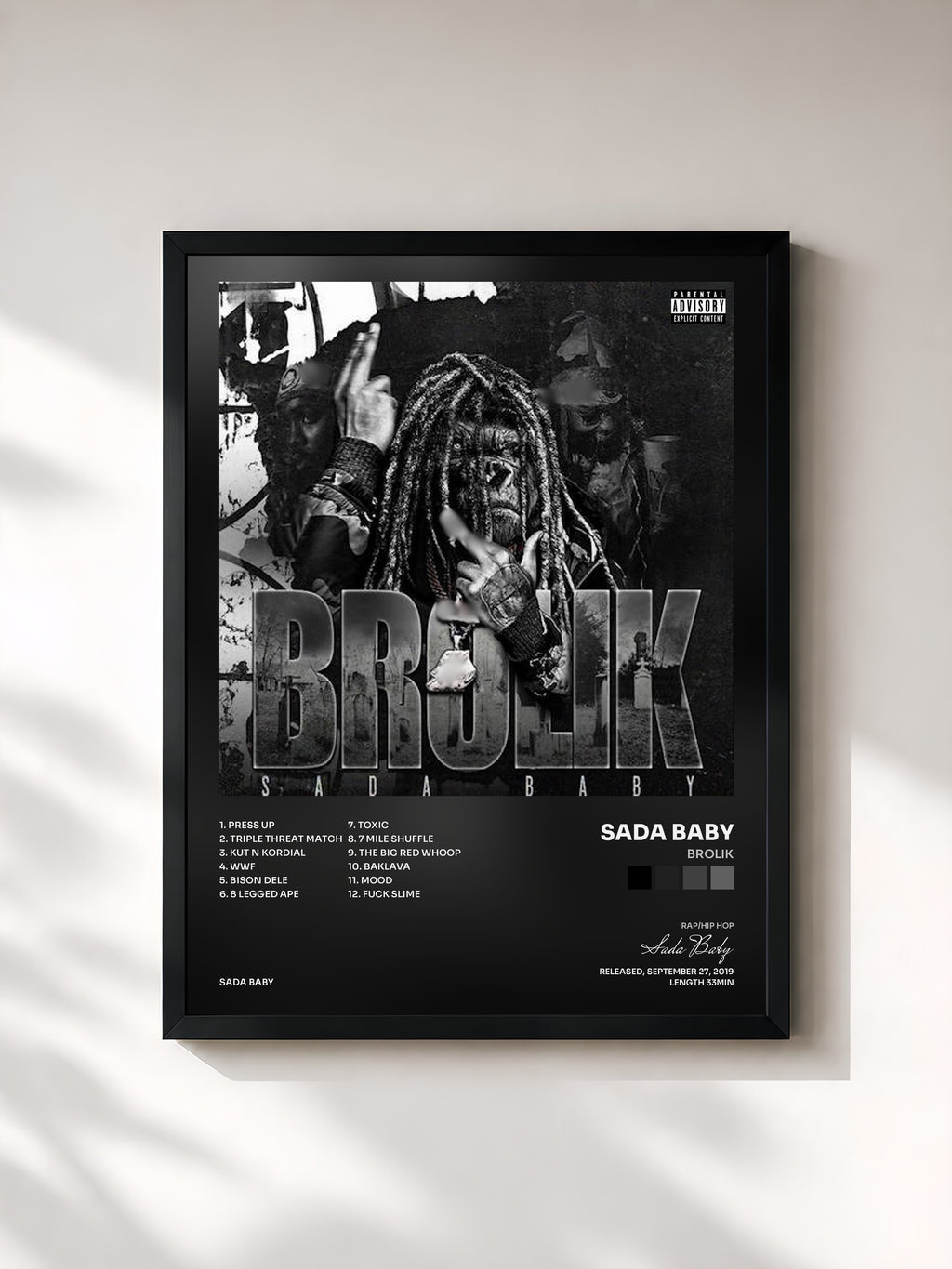 #noir Tableau de l'album BROLIK de Sada Baby, cadre noir, imprimé et encadré en France