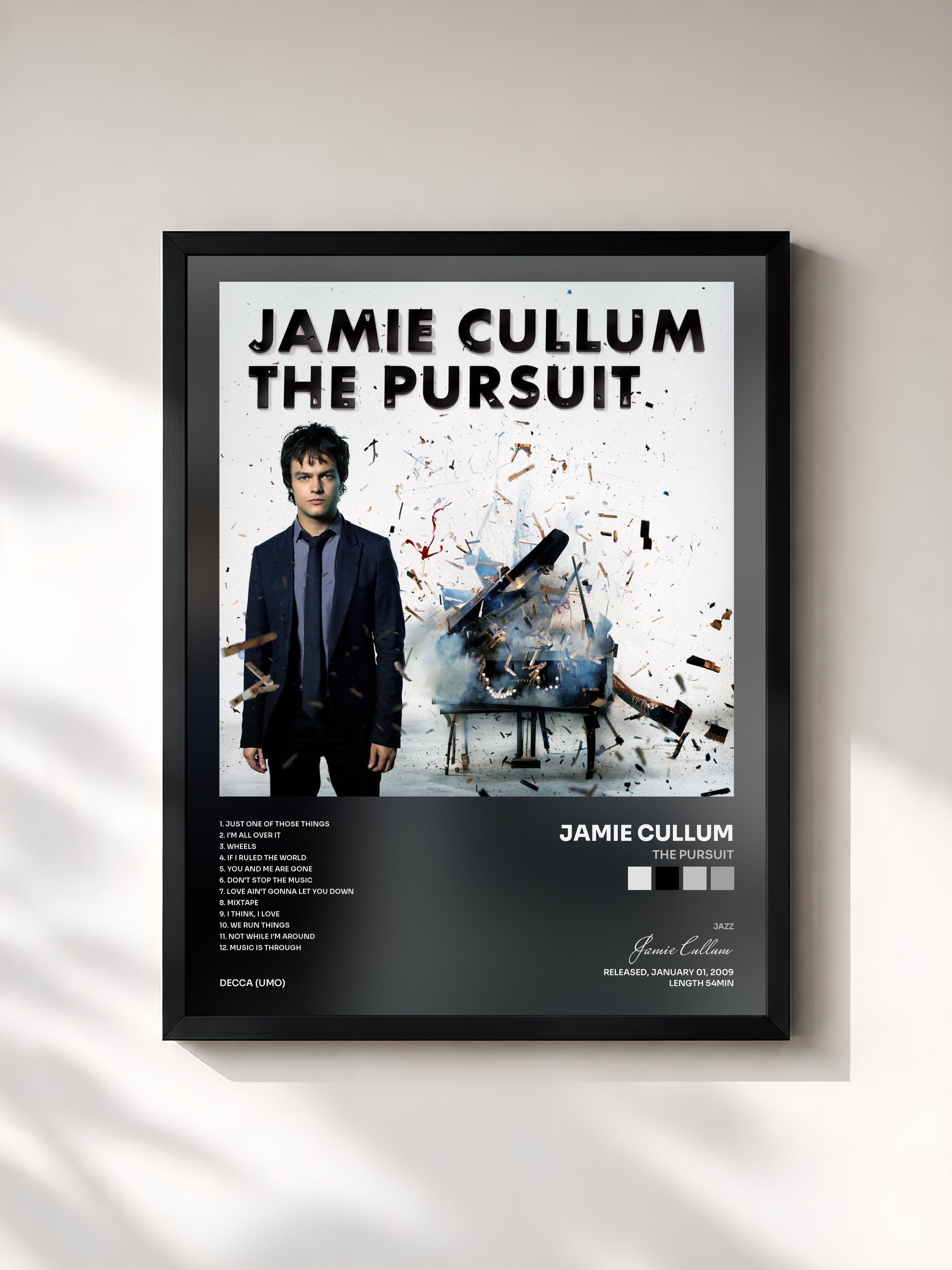#noir Tableau de l'album The Pursuit de Jamie Cullum, cadre noir, imprimé et encadré en France