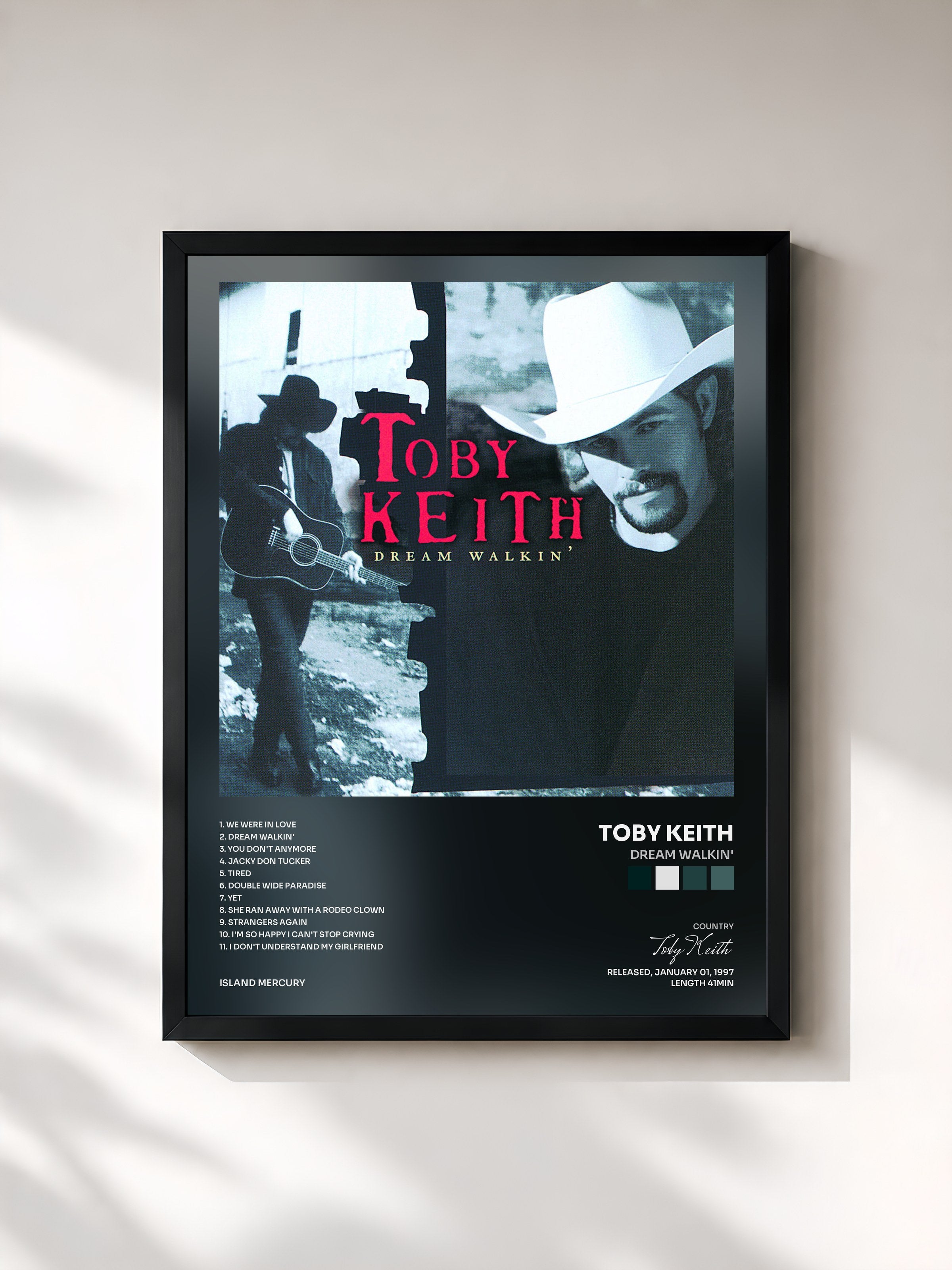 #noir Tableau de l'album Dream Walkin' de Toby Keith, cadre noir, imprimé et encadré en France