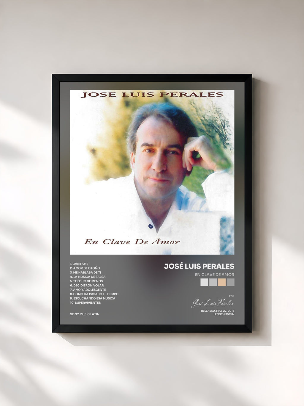 #noir Tableau de l'album En Clave de Amor de José Luis Perales, cadre noir, imprimé et encadré en France