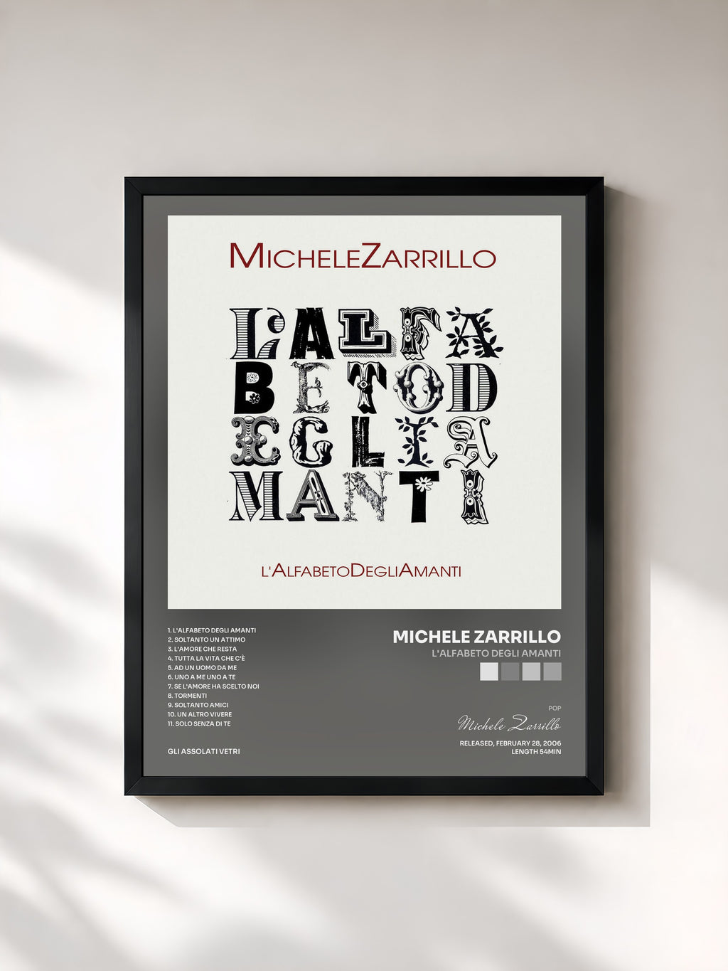 #noir Tableau de l'album L'Alfabeto Degli Amanti de Michele Zarrillo, cadre noir, imprimé et encadré en France