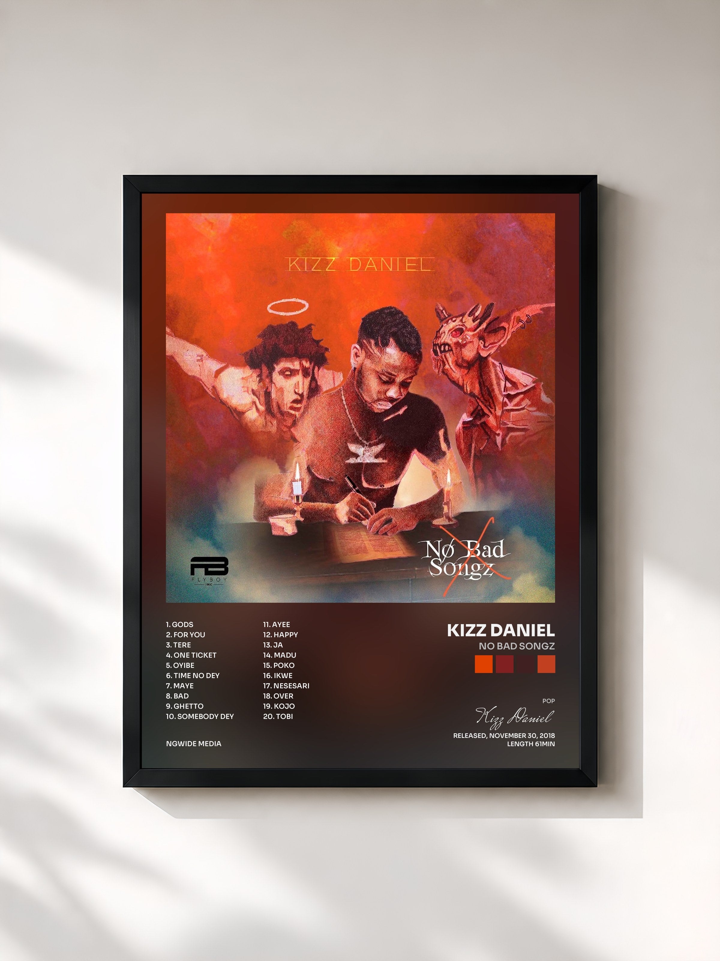 #noir Tableau de l'album No Bad Songz de Kizz Daniel, cadre noir, imprimé et encadré en France