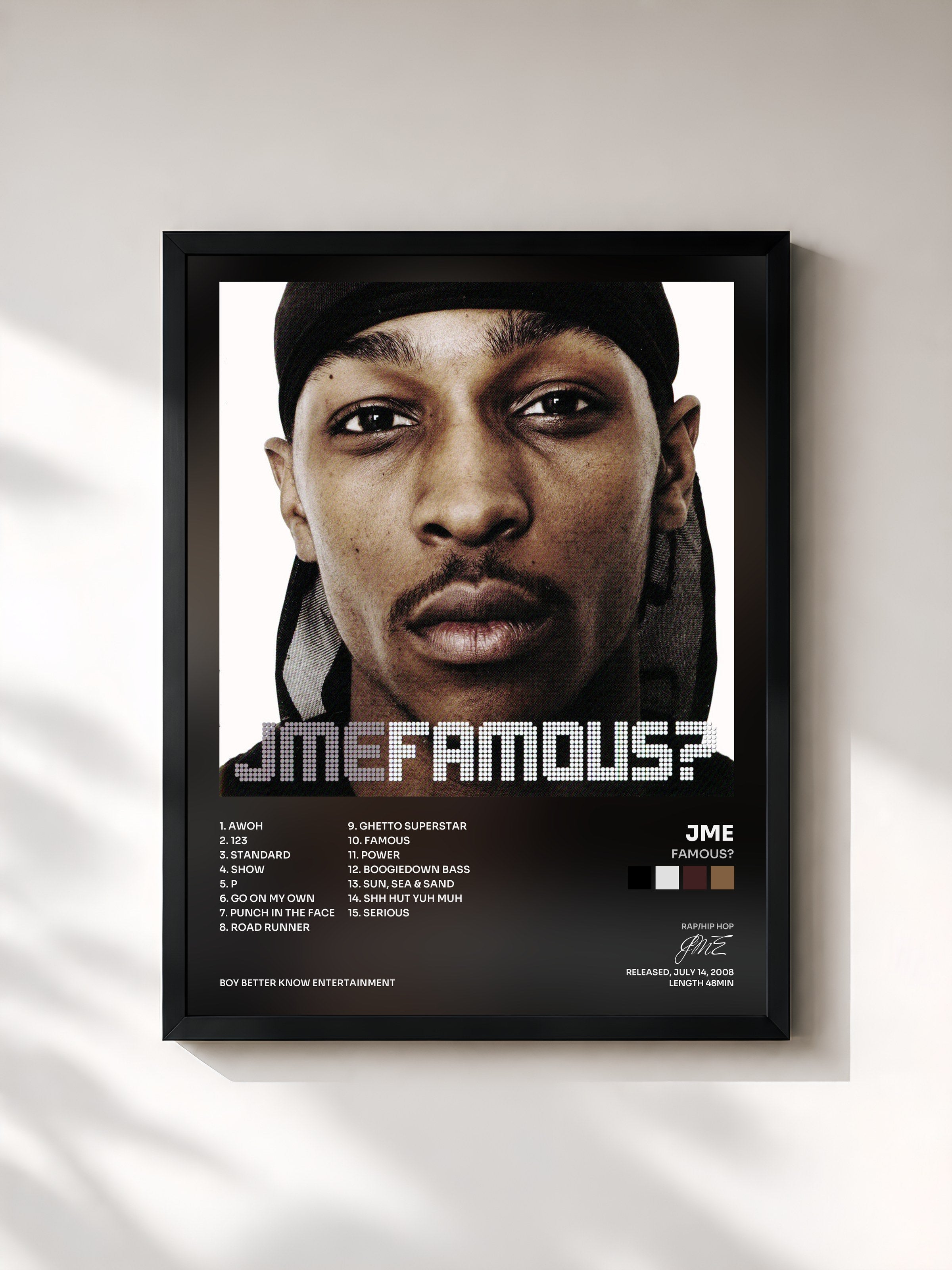 #noir Tableau de l'album Famous? de JME, cadre noir, imprimé et encadré en France