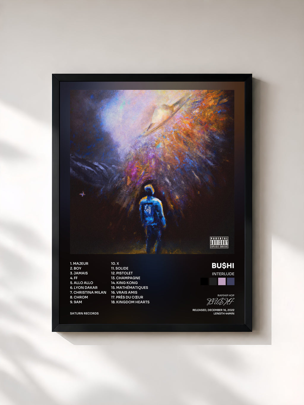 #noir Tableau de l'album Interlude de BU$HI, cadre noir, imprimé et encadré en France