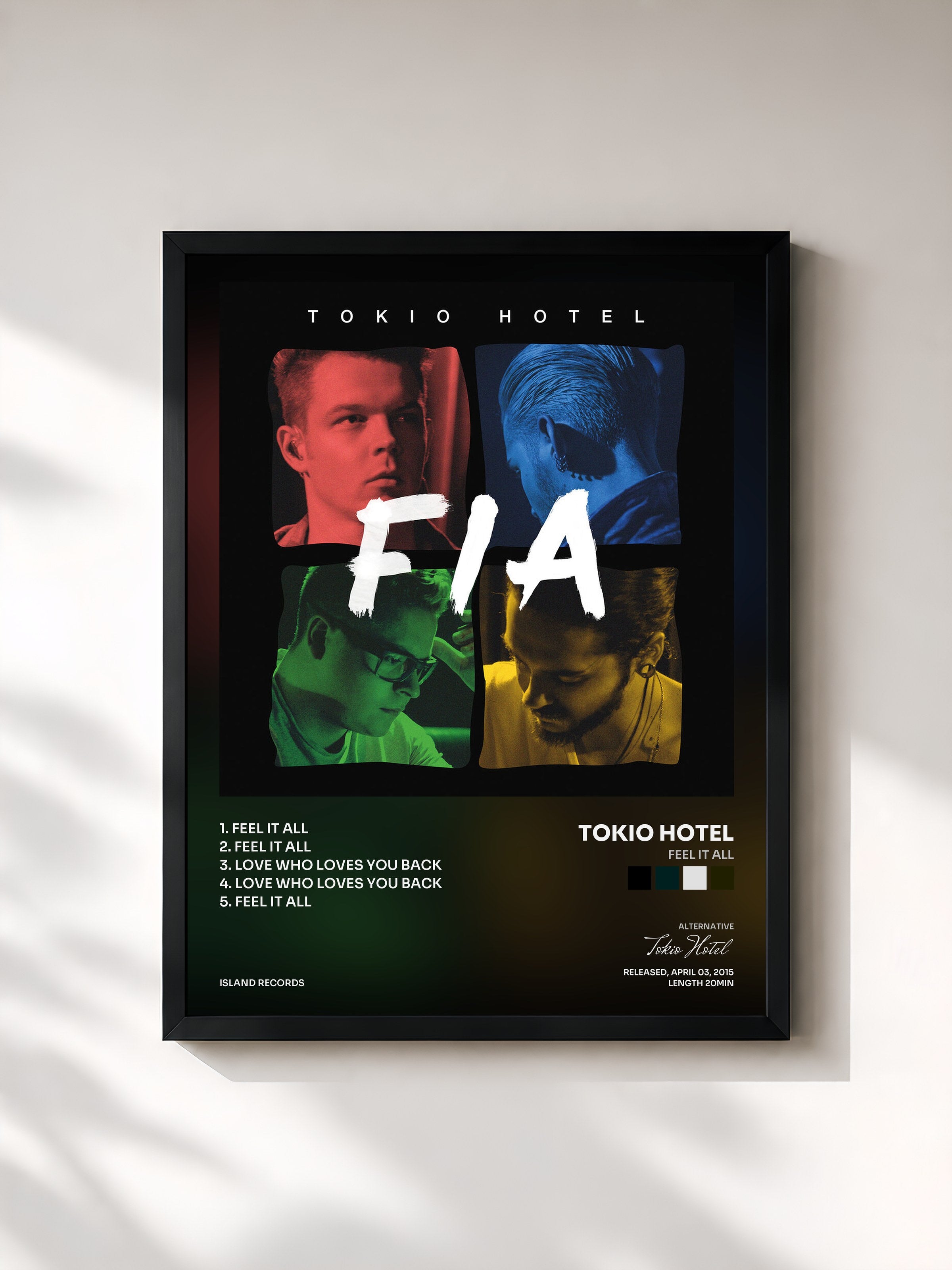 #noir Tableau de l'album Feel It All de Tokio Hotel, cadre noir, imprimé et encadré en France
