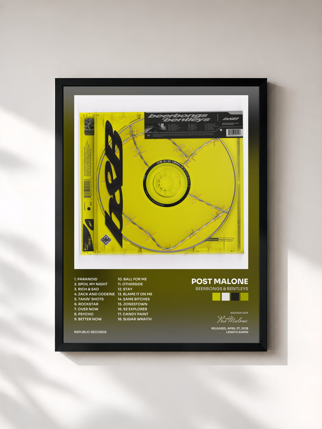 #noir Tableau de l'album beerbongs & bentleys de Post Malone, cadre noir, imprimé et encadré en France