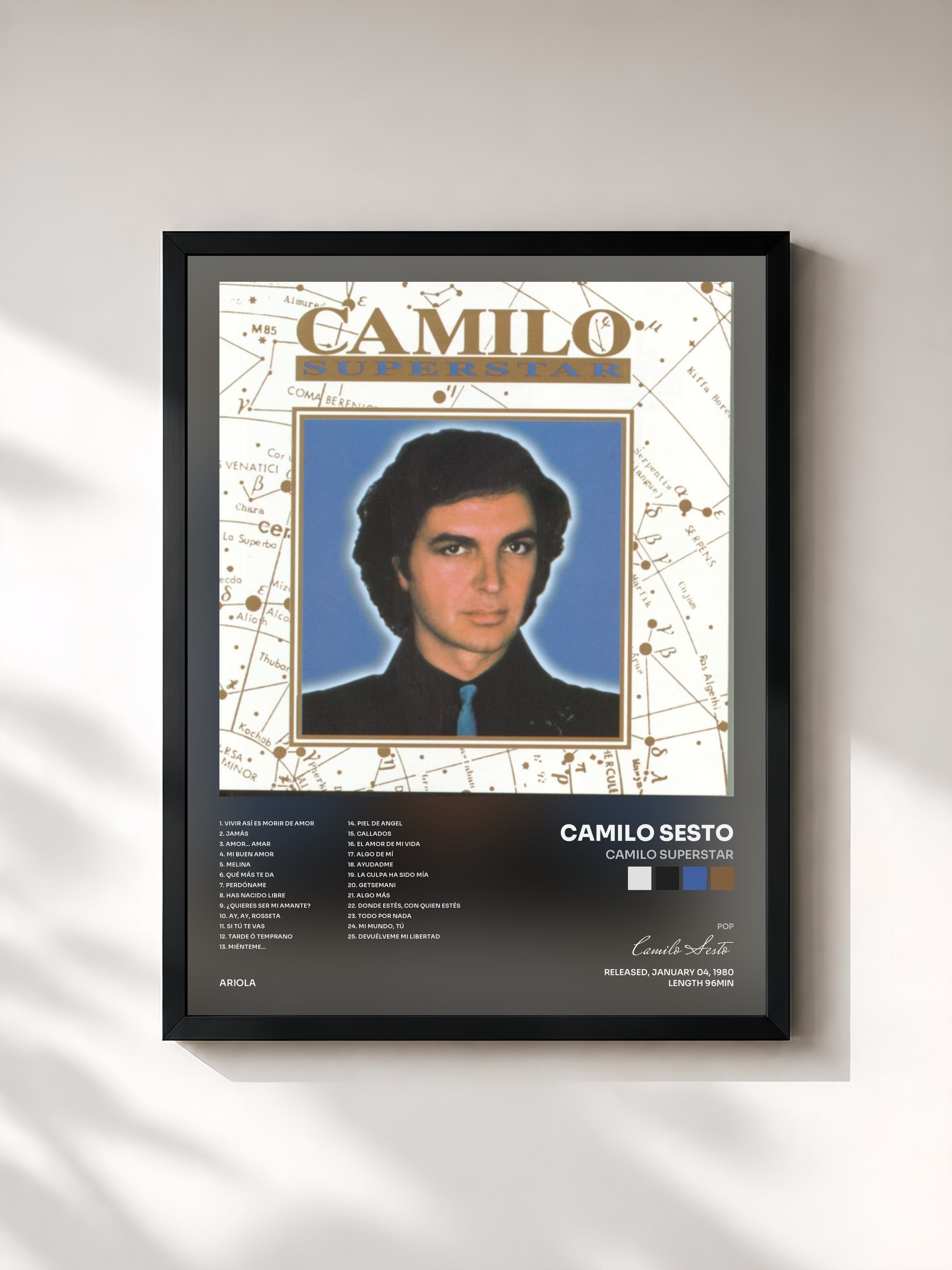 #noir Tableau de l'album Camilo Superstar de Camilo Sesto, cadre noir, imprimé et encadré en France