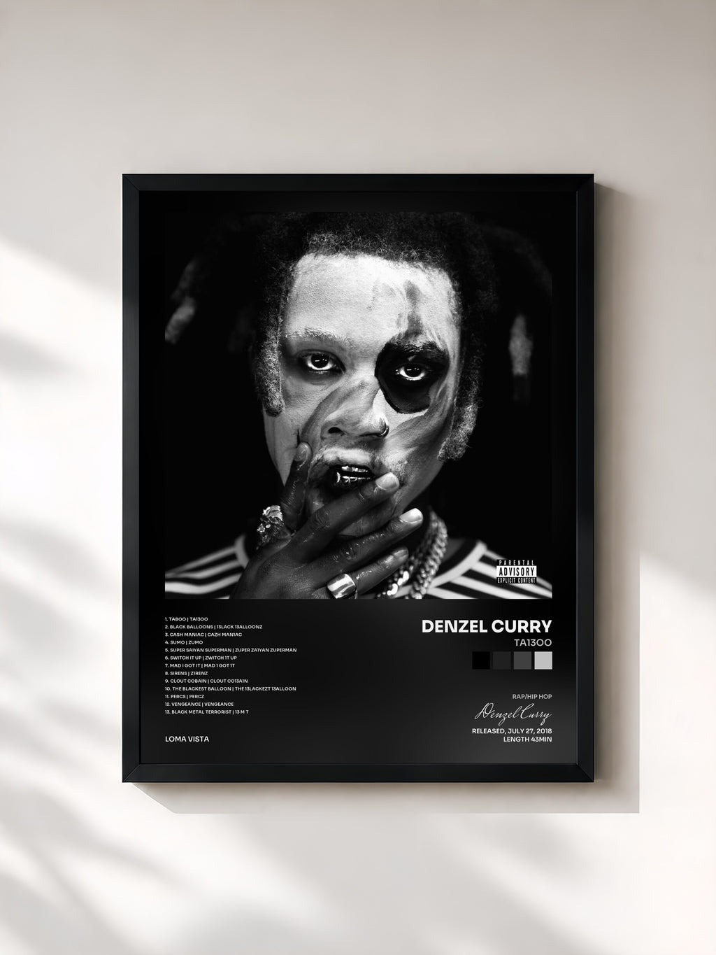 #noir Tableau de l'album TA13OO de Denzel Curry, cadre noir, imprimé et encadré en France