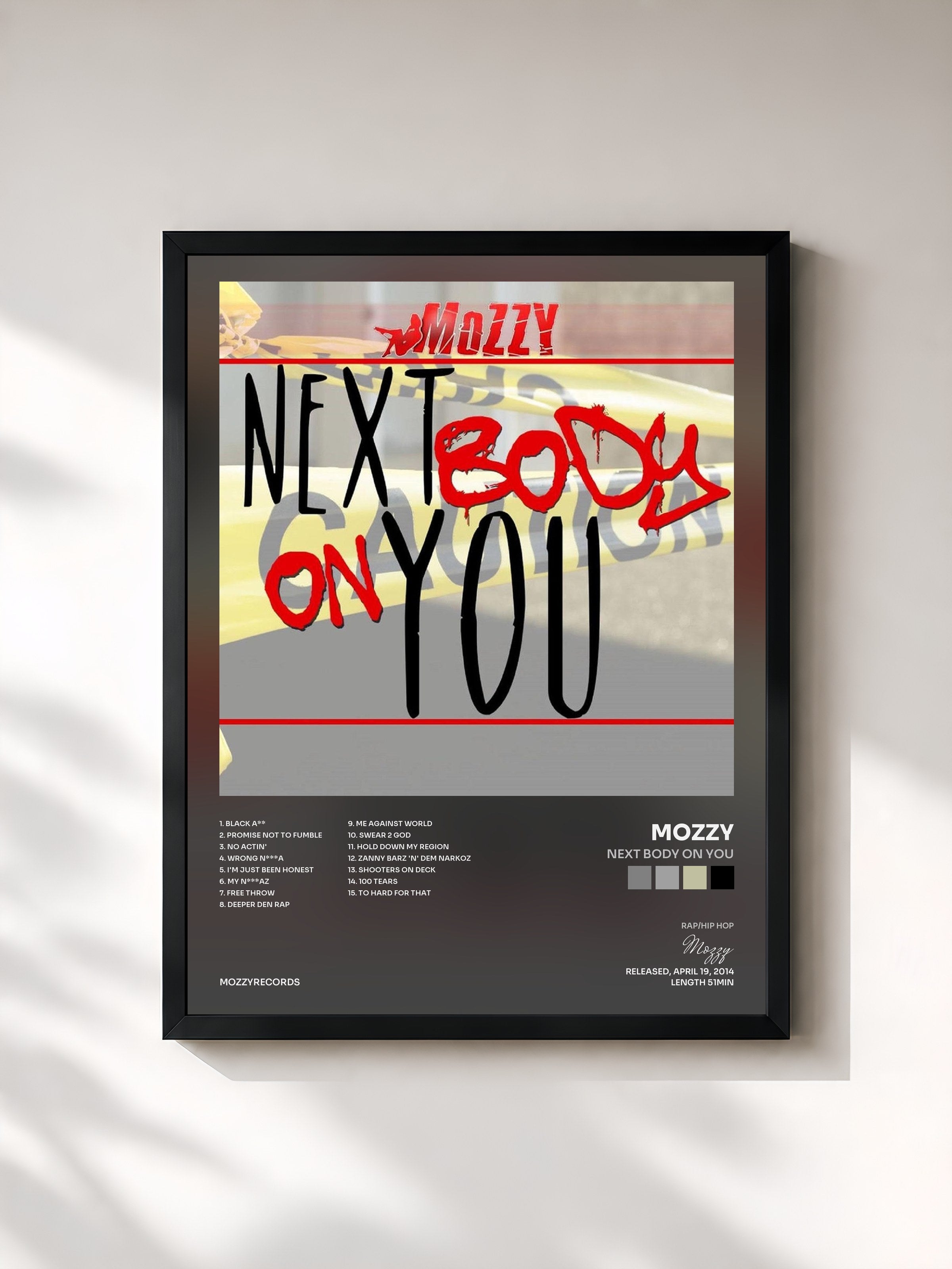 #noir Tableau de l'album Next Body On You de Mozzy, cadre noir, imprimé et encadré en France