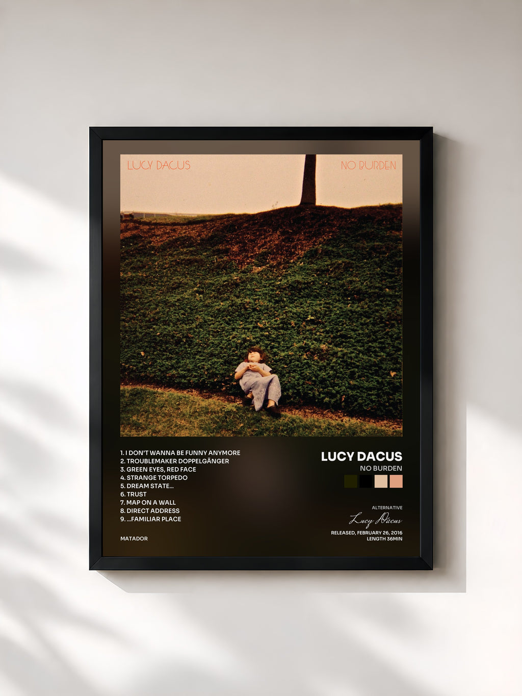 #noir Tableau de l'album No Burden de Lucy Dacus, cadre noir, imprimé et encadré en France