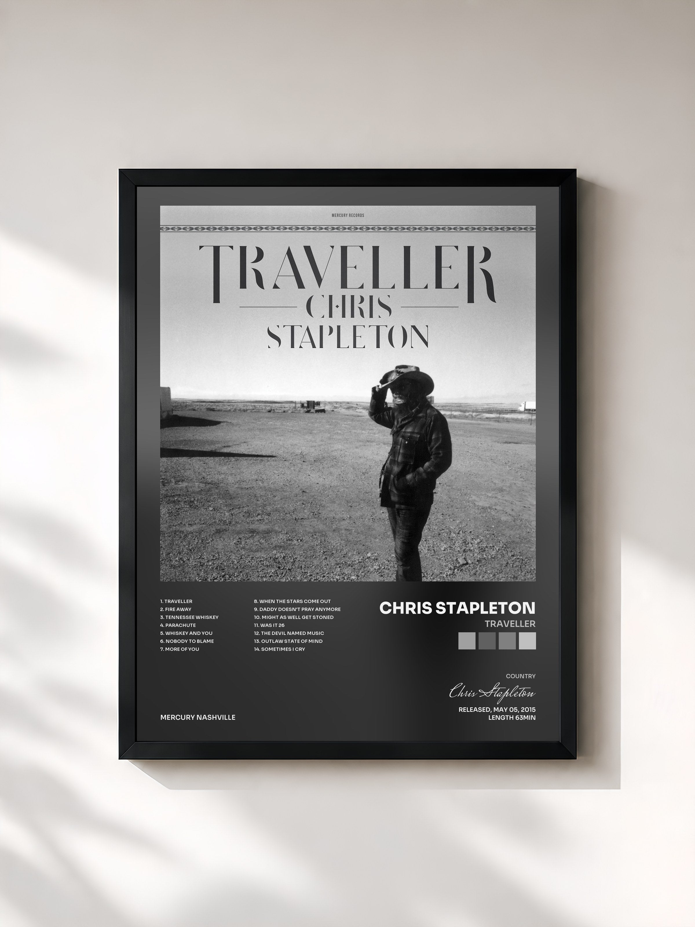 #noir Tableau de l'album Traveller de Chris Stapleton, cadre noir, imprimé et encadré en France