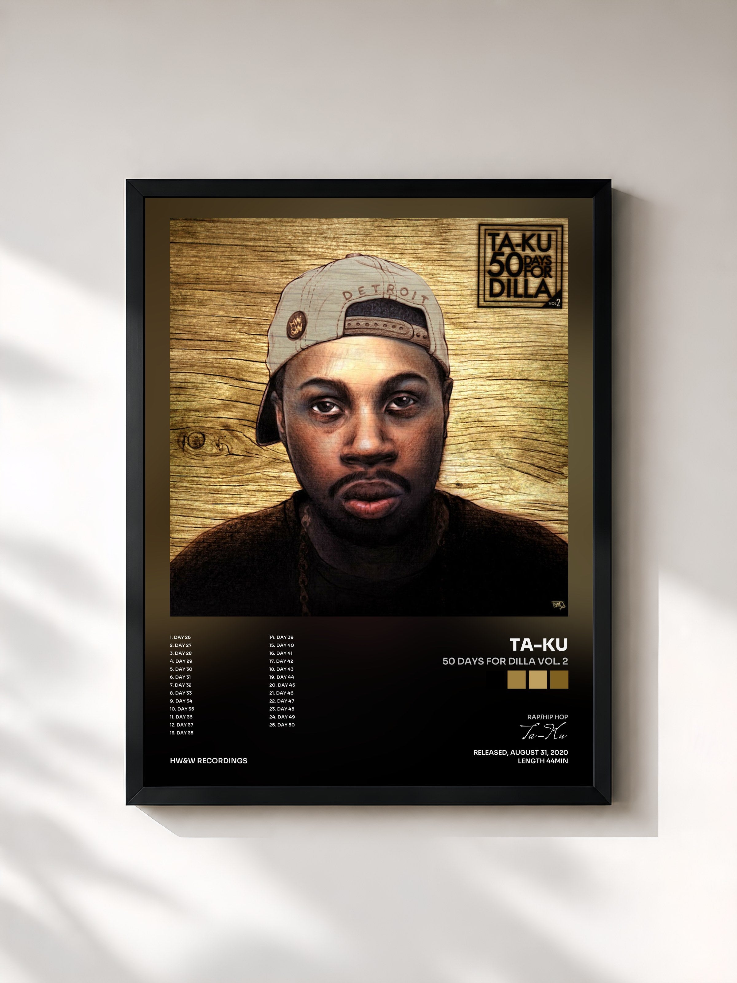 #noir Tableau de l'album 50 Days For Dilla Vol. 2 de Ta-Ku, cadre noir, imprimé et encadré en France