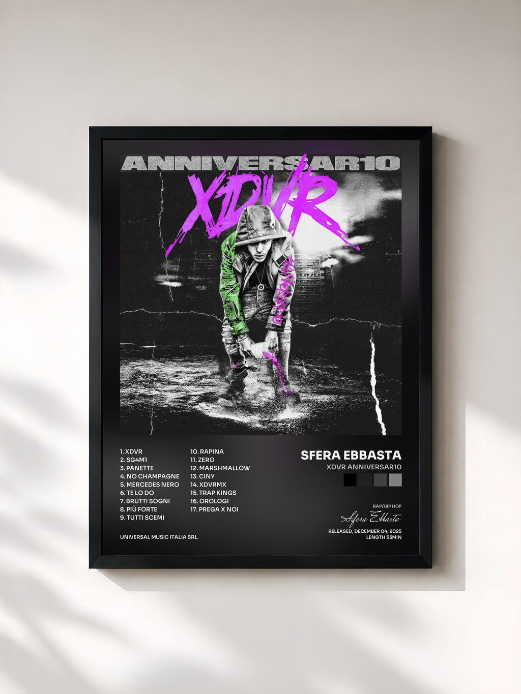 #noir Tableau de l'album XDVR ANNIVERSAR10 de Sfera Ebbasta, cadre noir, imprimé et encadré en France