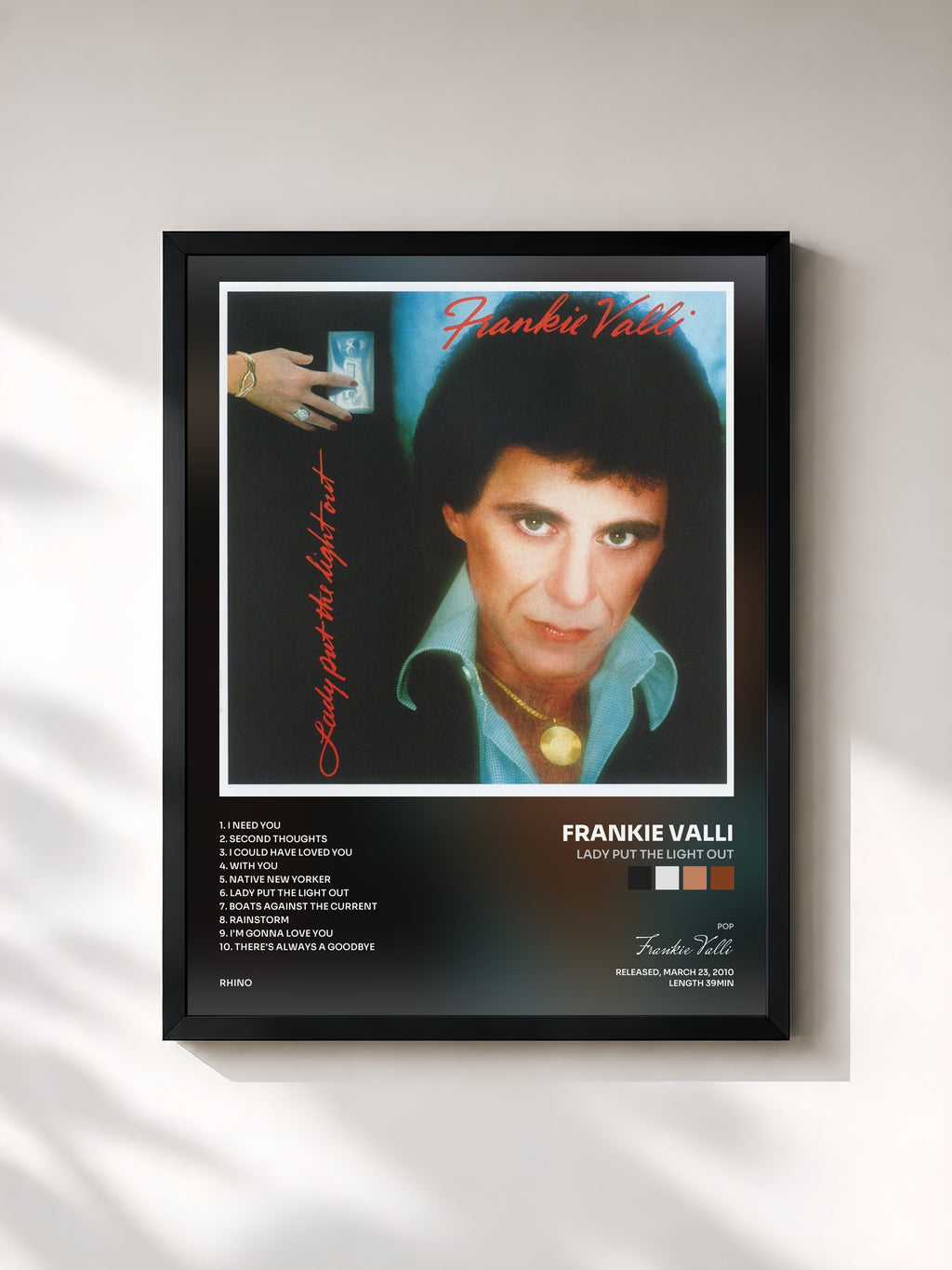 #noir Tableau de l'album Lady Put The Light Out de Frankie Valli, cadre noir, imprimé et encadré en France