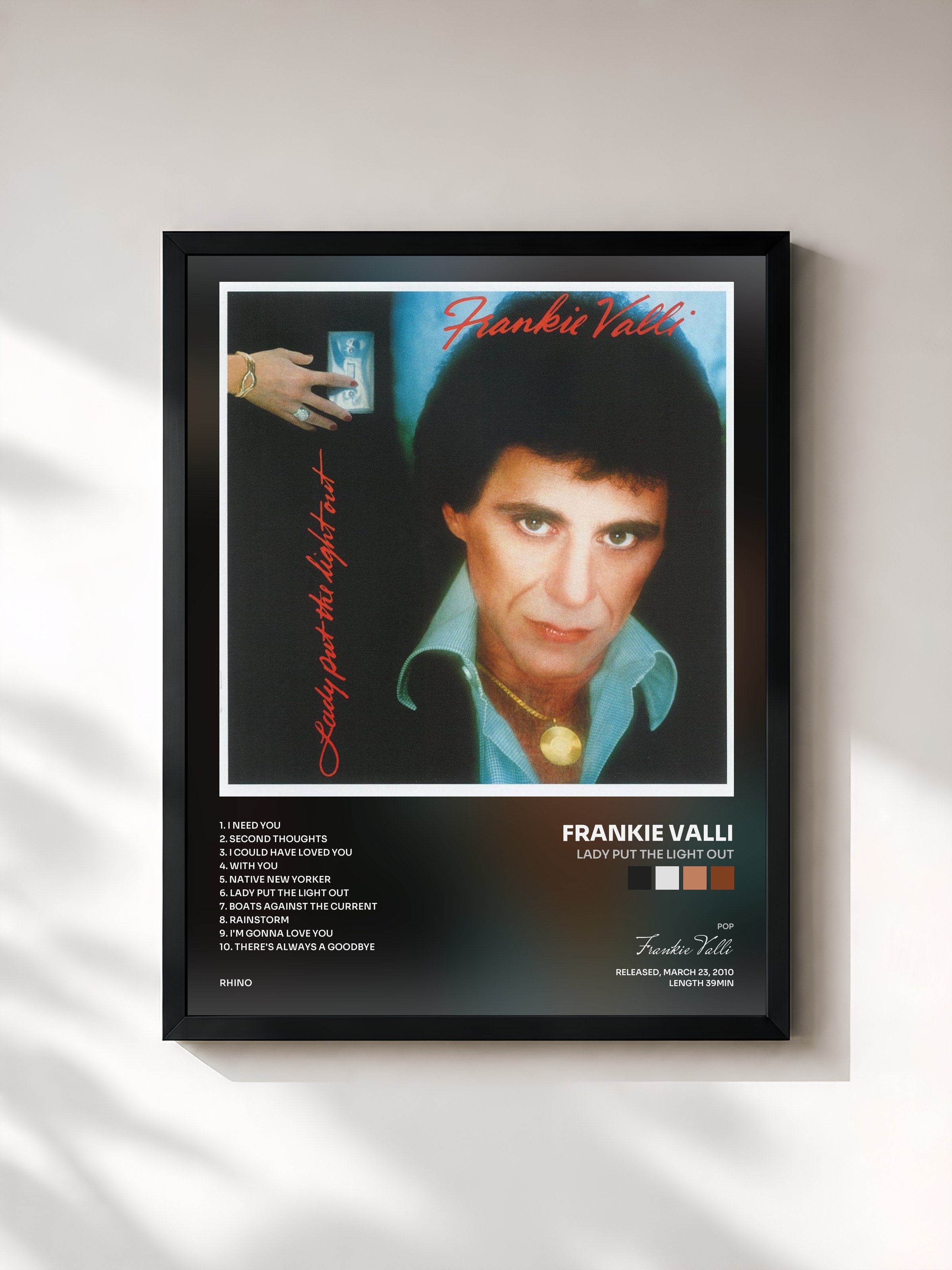 #noir Tableau de l'album Lady Put The Light Out de Frankie Valli, cadre noir, imprimé et encadré en France