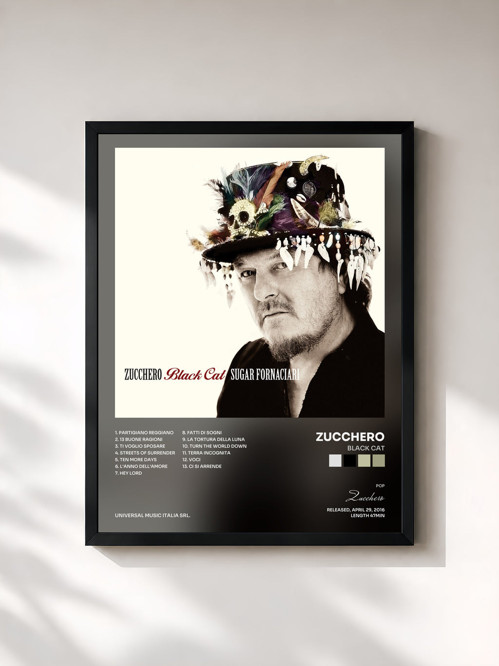 #noir Tableau de l'album Black Cat de Zucchero, cadre noir, imprimé et encadré en France