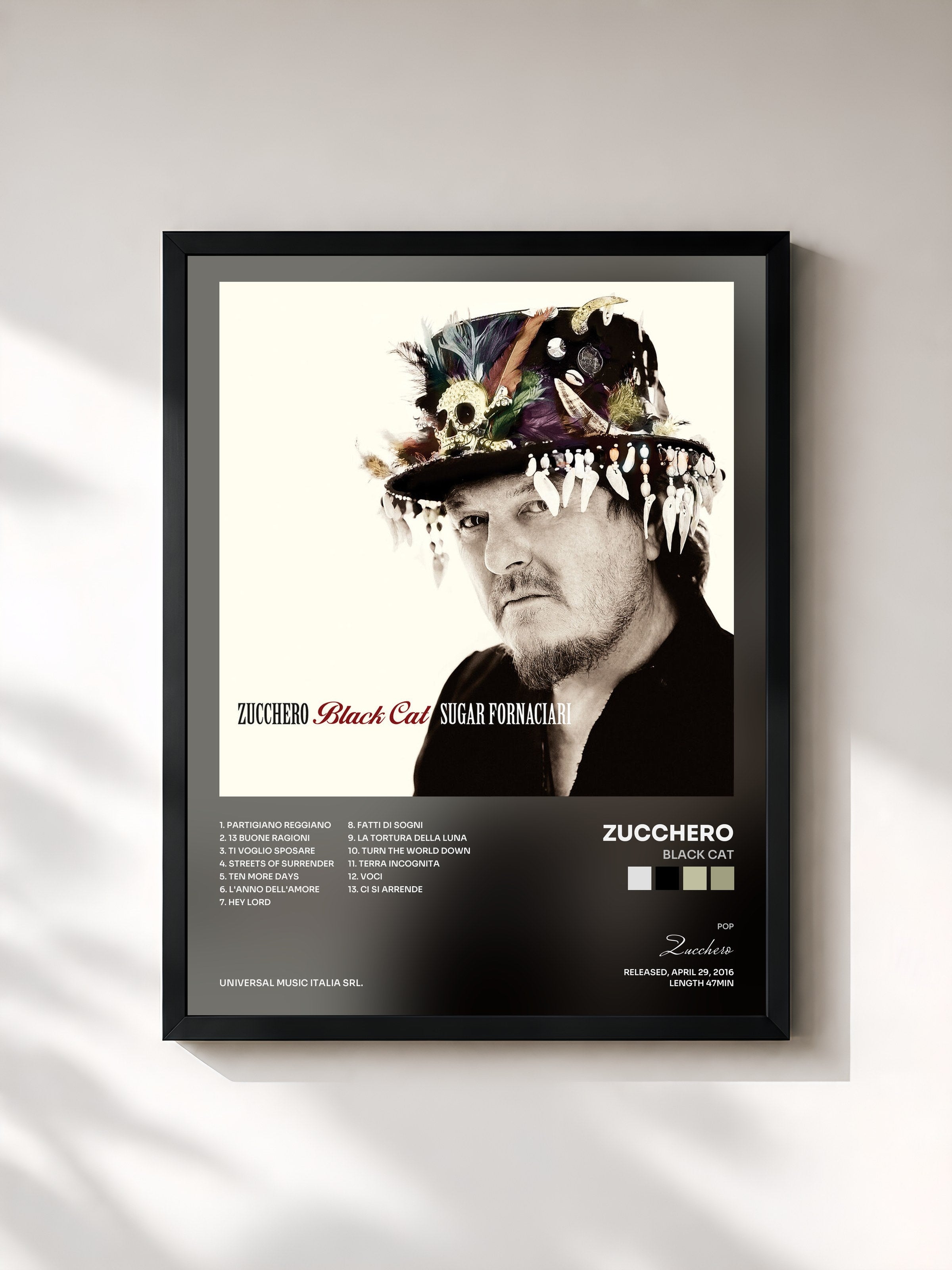 #noir Tableau de l'album Black Cat de Zucchero, cadre noir, imprimé et encadré en France