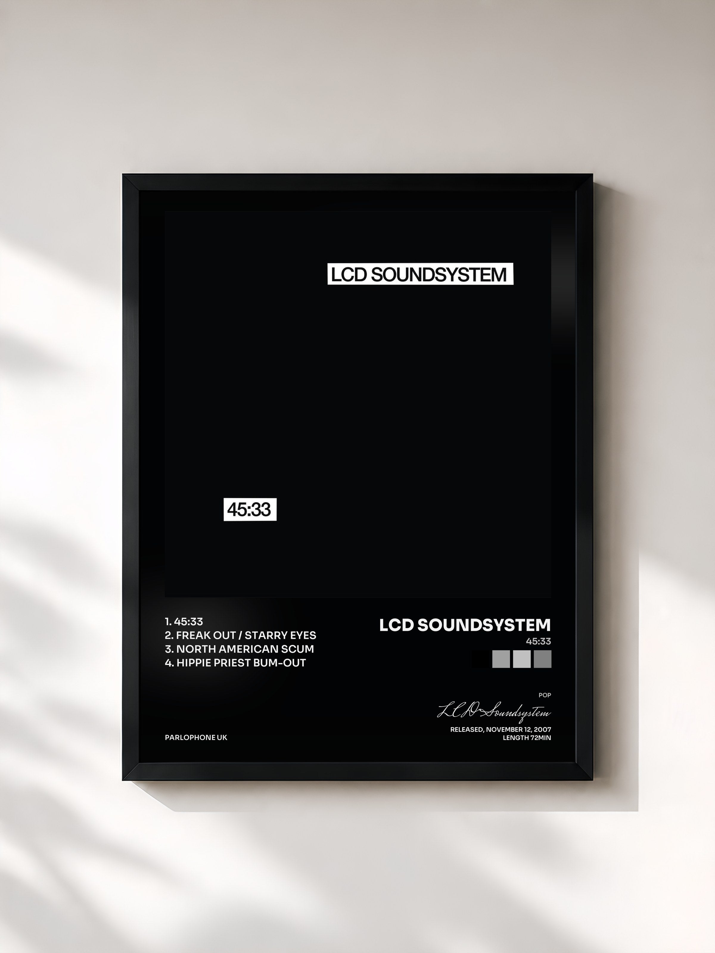 #noir Tableau de l'album 45:33 de LCD Soundsystem, cadre noir, imprimé et encadré en France