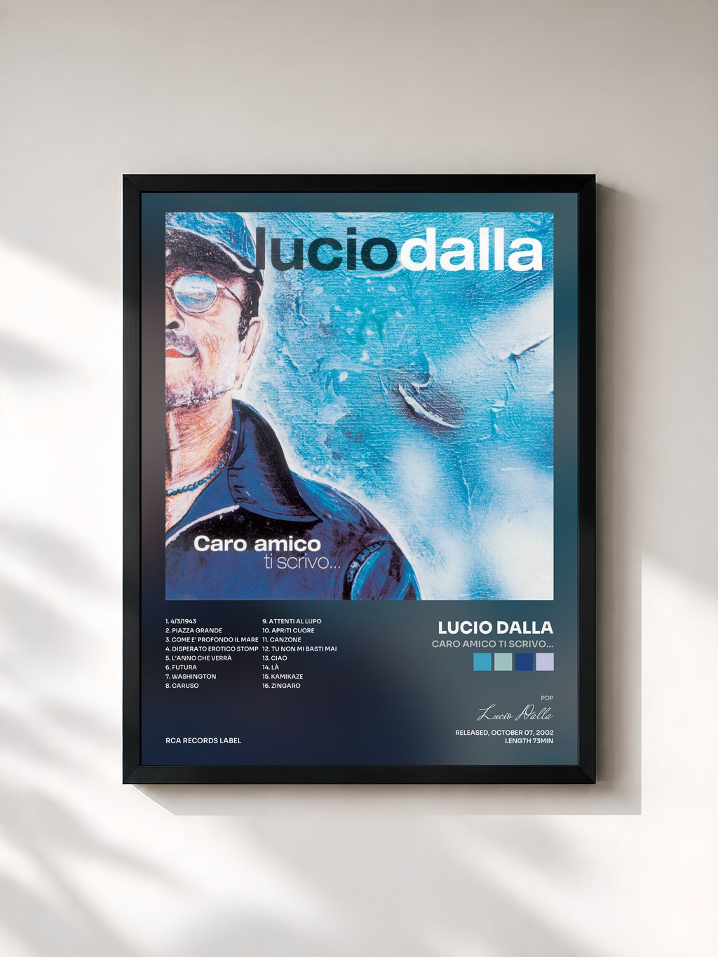 #noir Tableau de l'album Caro Amico Ti Scrivo... de Lucio Dalla, cadre noir, imprimé et encadré en France