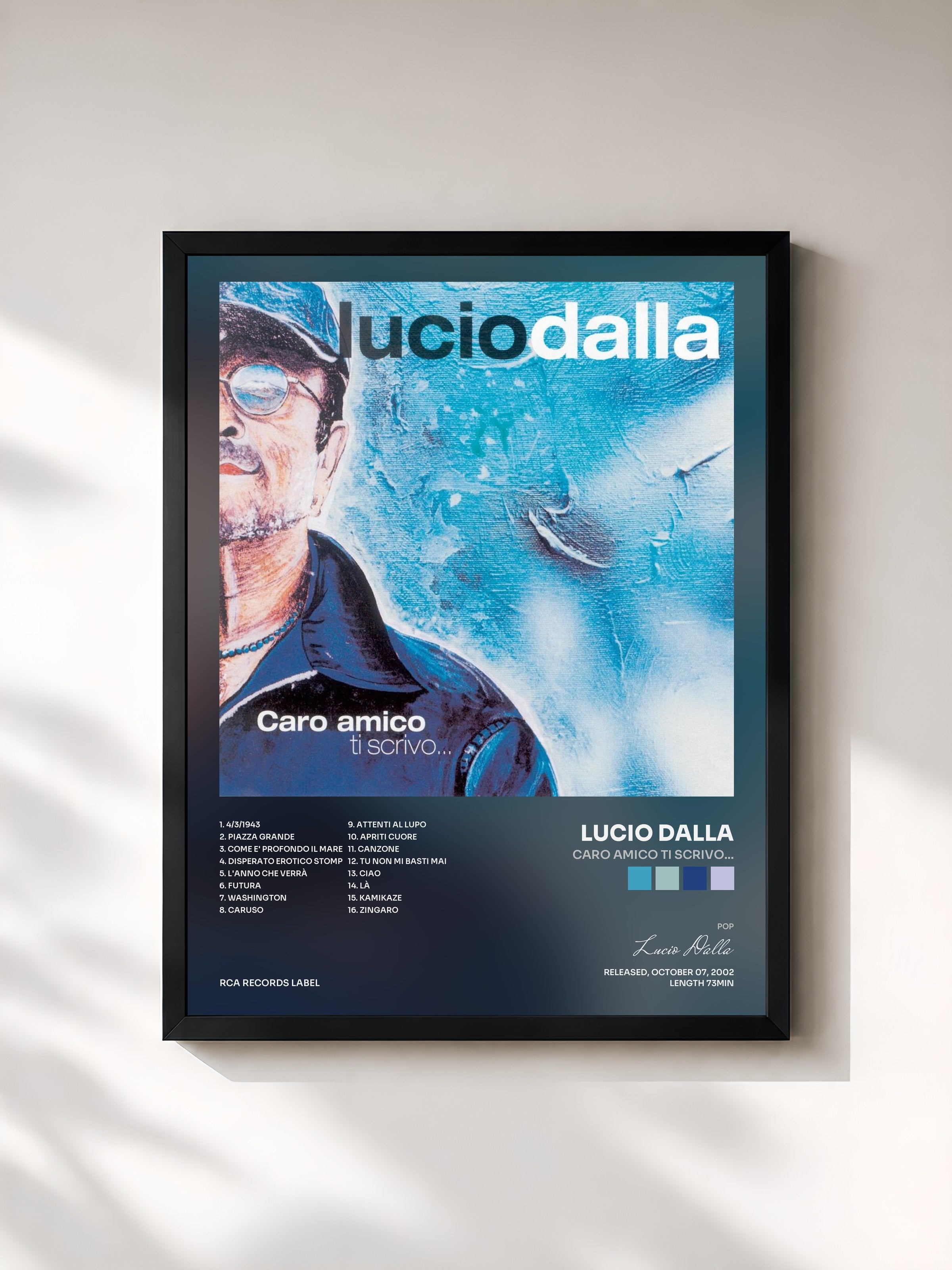#noir Tableau de l'album Caro Amico Ti Scrivo... de Lucio Dalla, cadre noir, imprimé et encadré en France