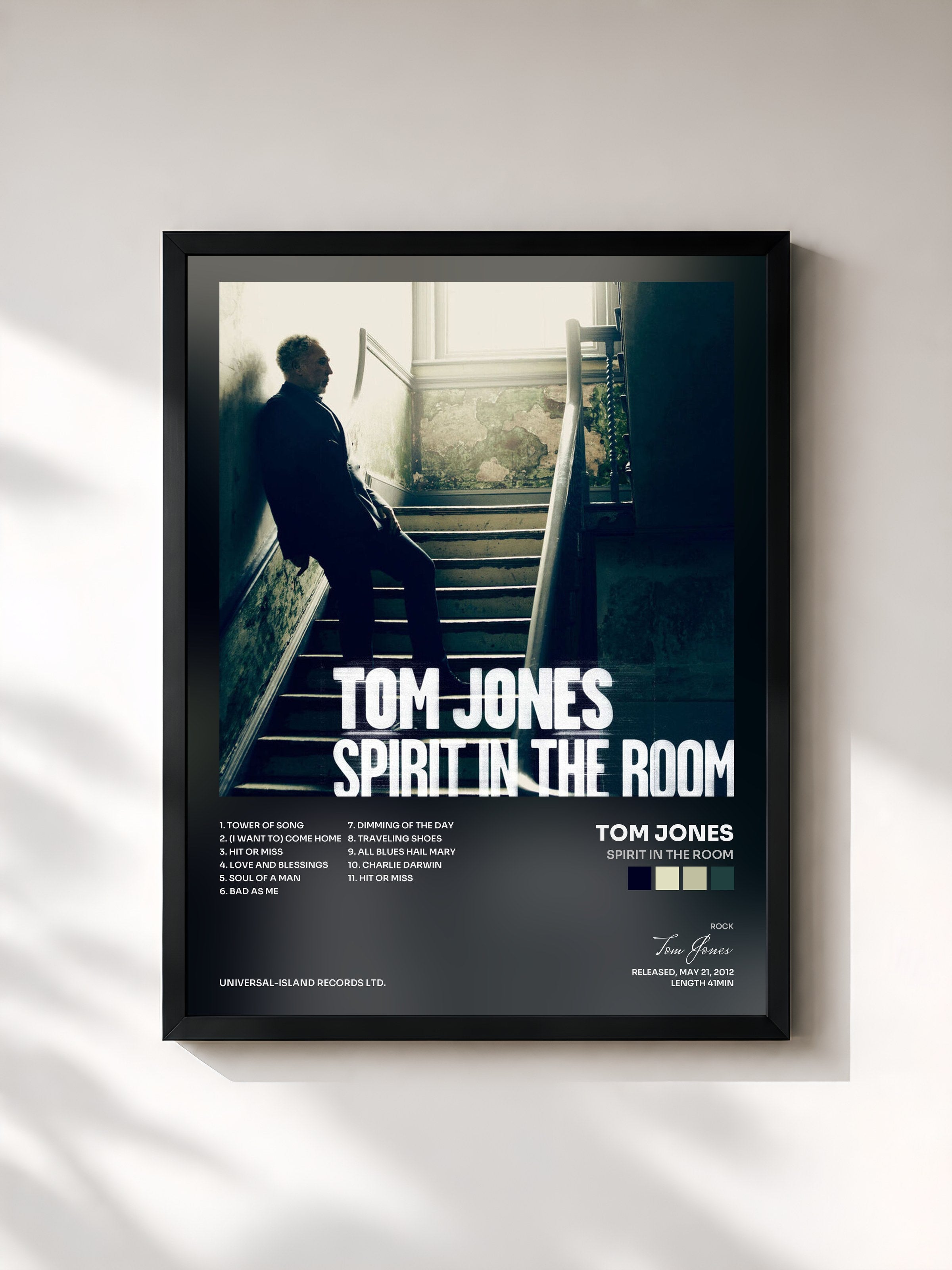 #noir Tableau de l'album Spirit In The Room de Tom Jones, cadre noir, imprimé et encadré en France