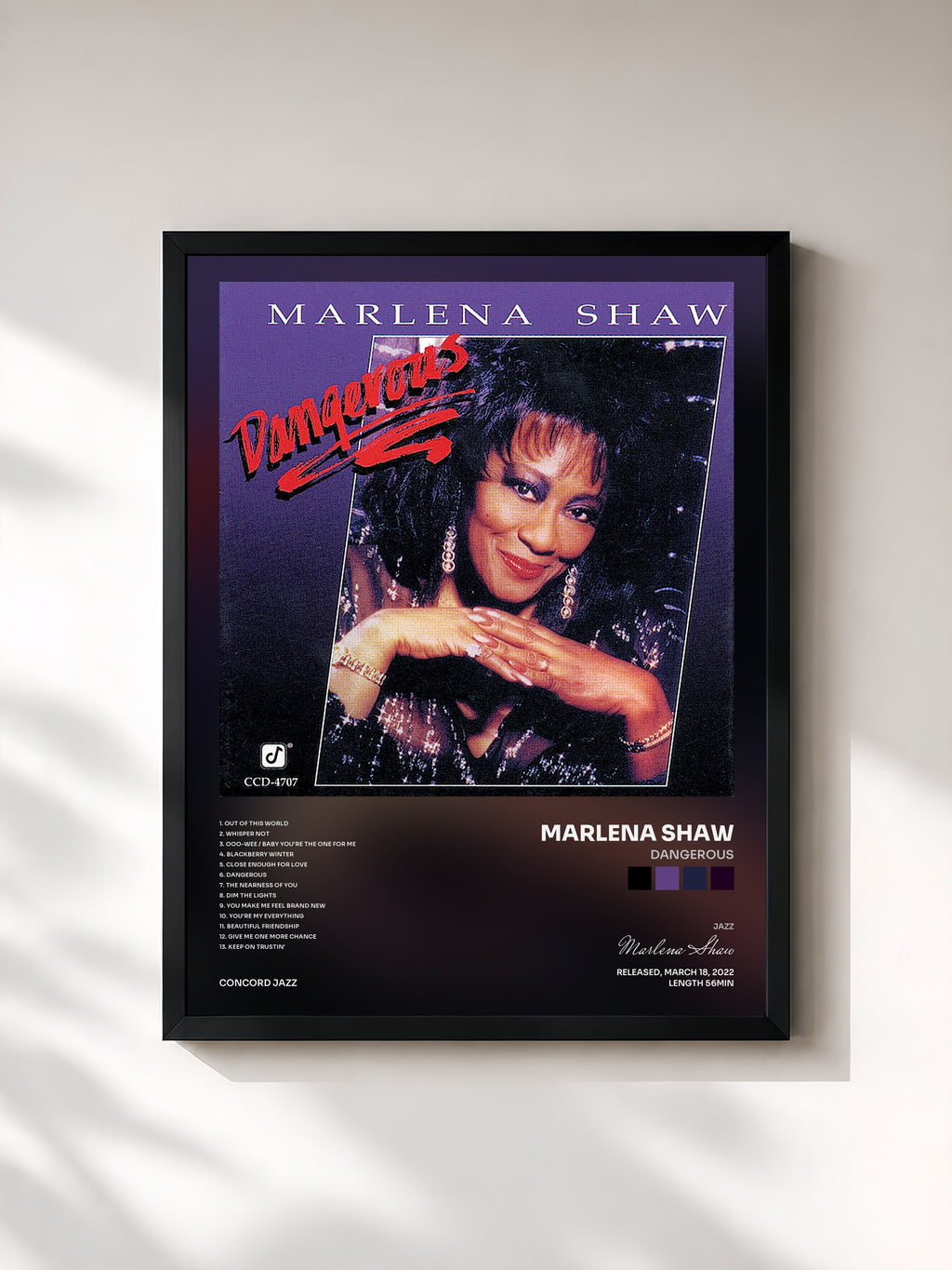#noir Tableau de l'album Dangerous de Marlena Shaw, cadre noir, imprimé et encadré en France