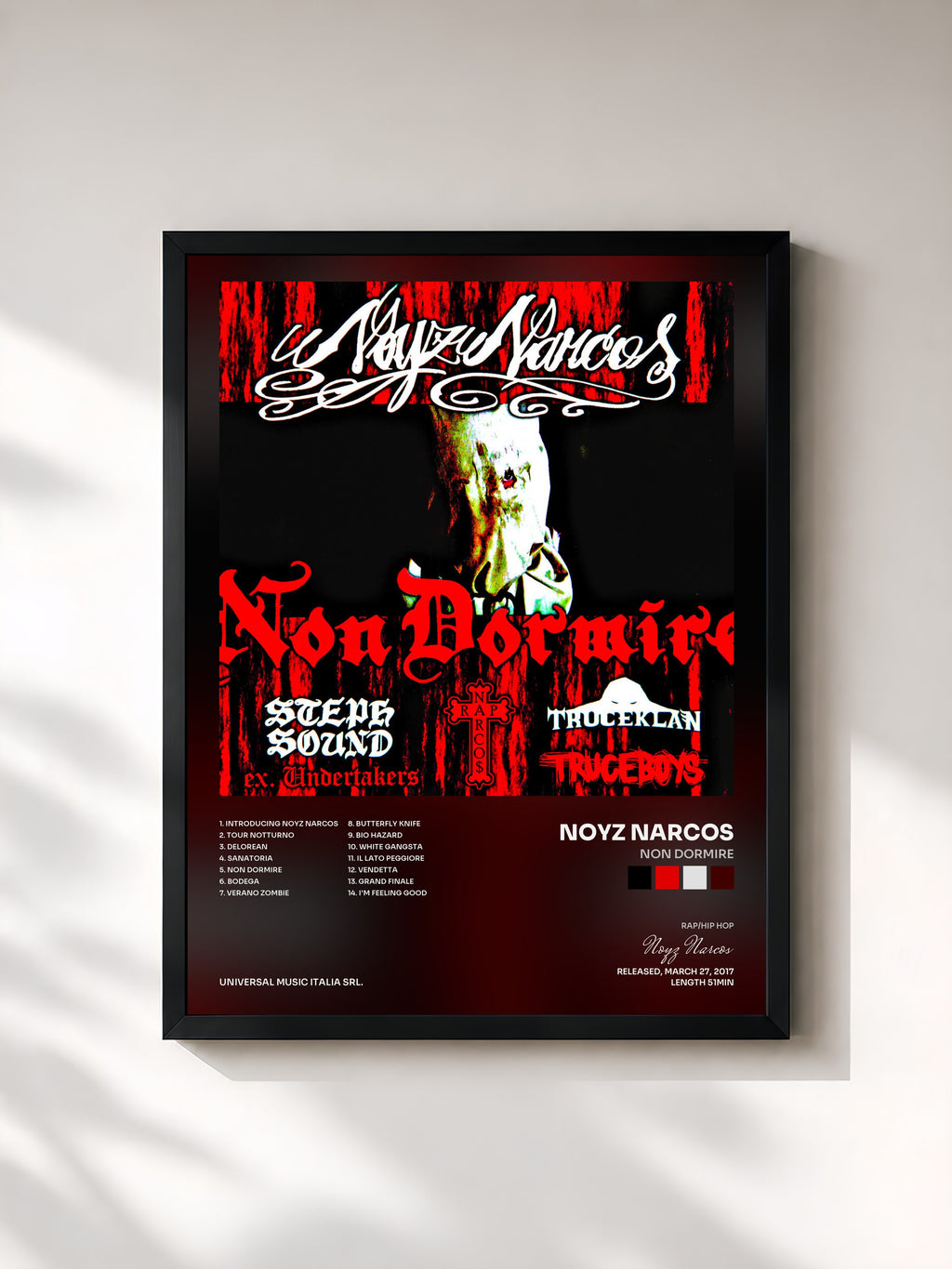 #noir Tableau de l'album Non Dormire de Noyz Narcos, cadre noir, imprimé et encadré en France