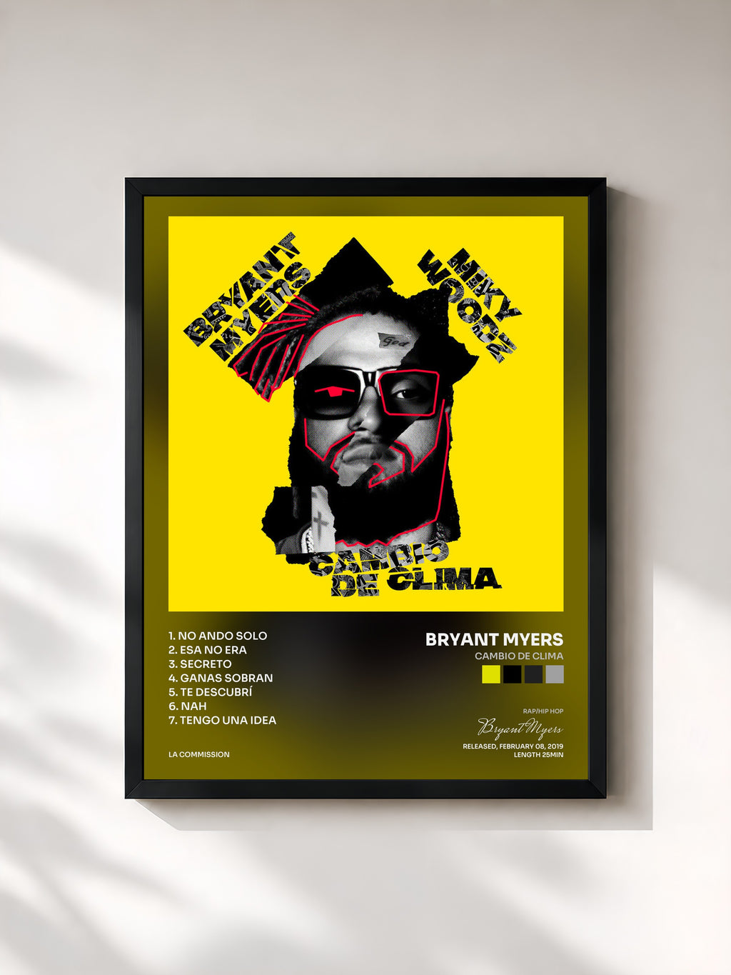 #noir Tableau de l'album Cambio de Clima de Bryant Myers, cadre noir, imprimé et encadré en France