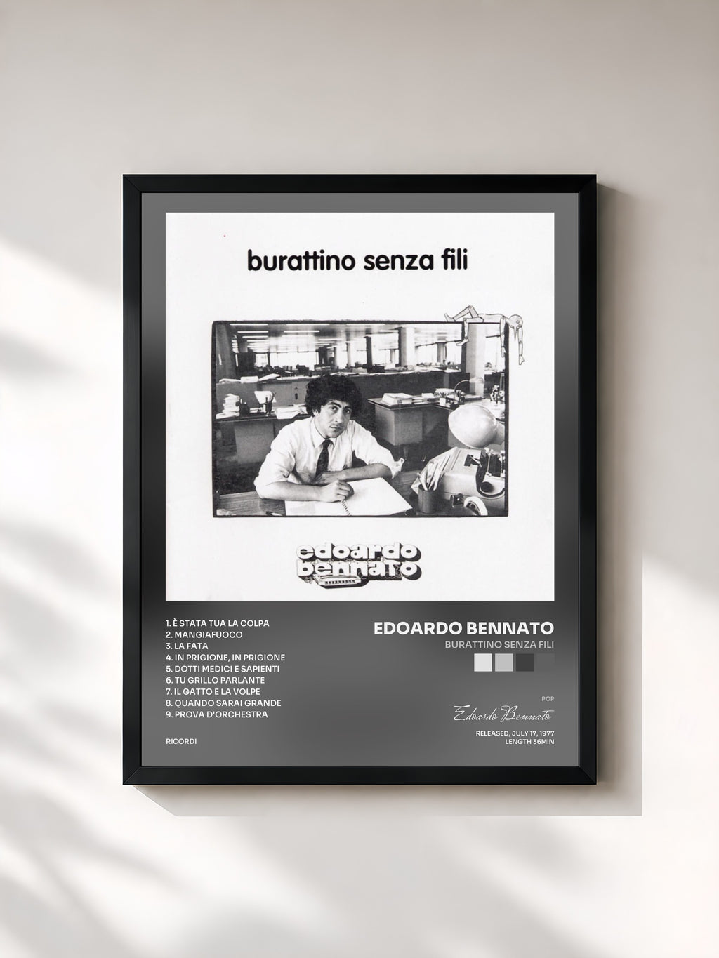#noir Tableau de l'album Burattino Senza Fili de Edoardo Bennato, cadre noir, imprimé et encadré en France