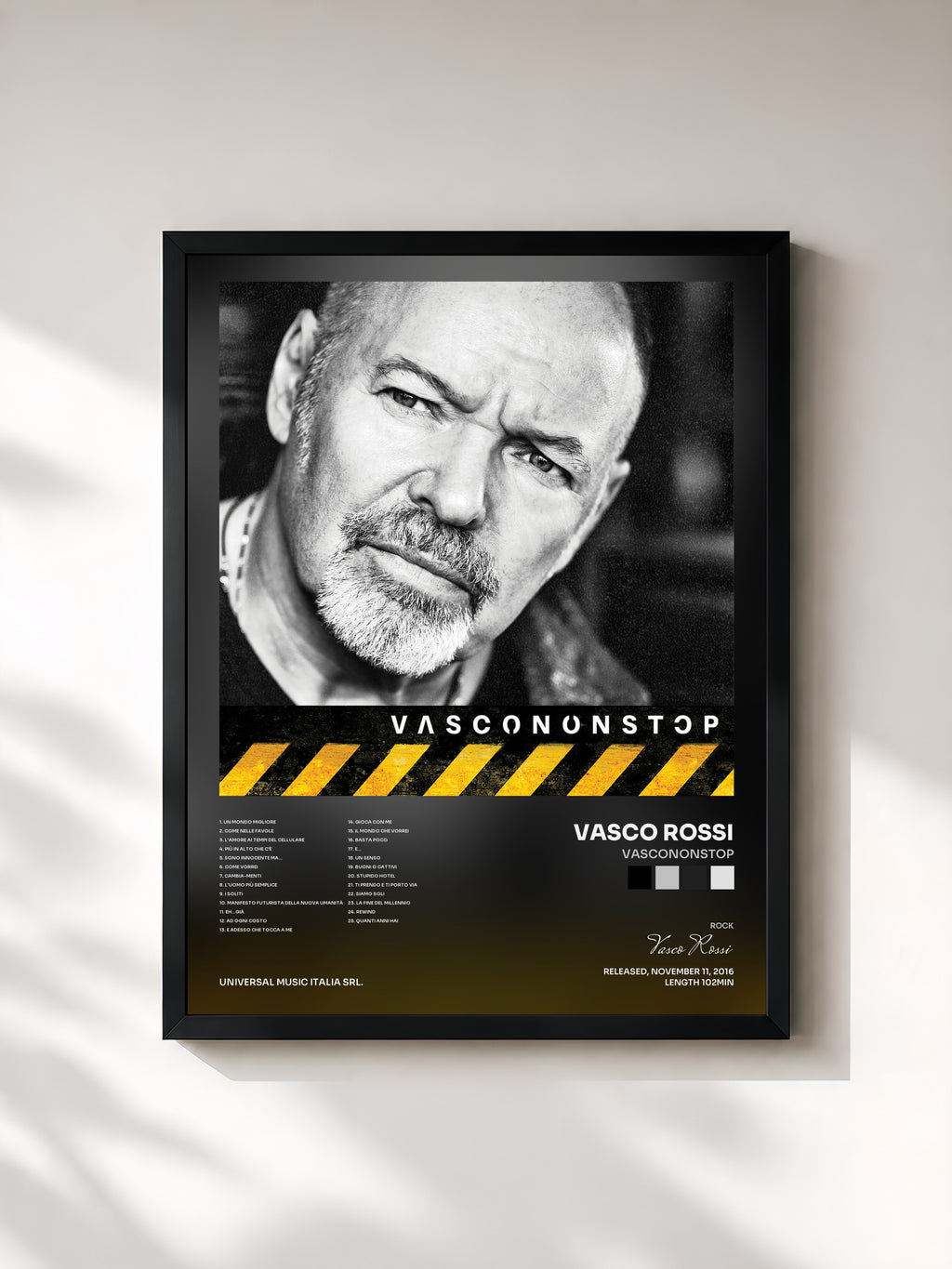 #noir Tableau de l'album VASCONONSTOP de Vasco Rossi, cadre noir, imprimé et encadré en France