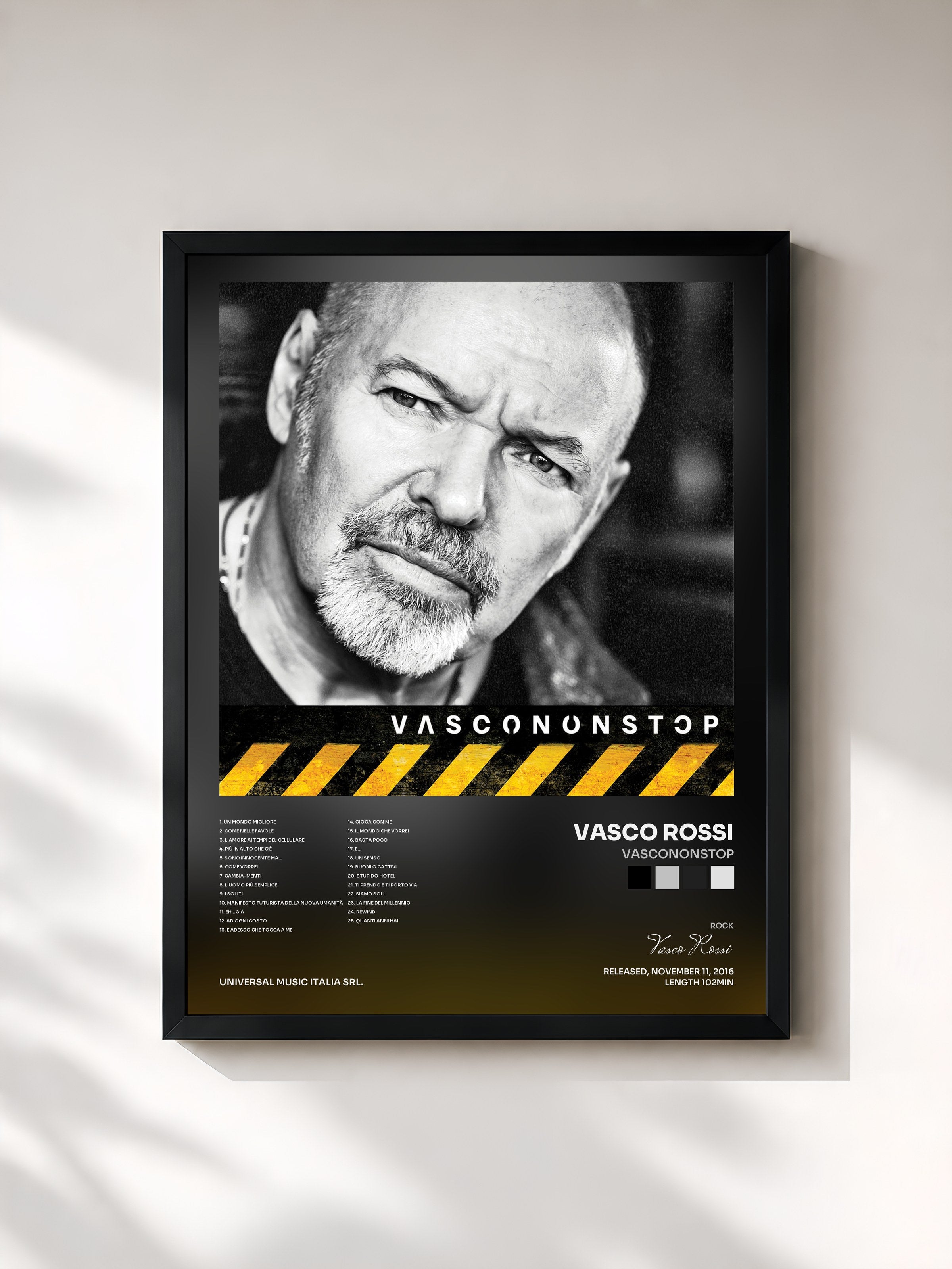 #noir Tableau de l'album VASCONONSTOP de Vasco Rossi, cadre noir, imprimé et encadré en France