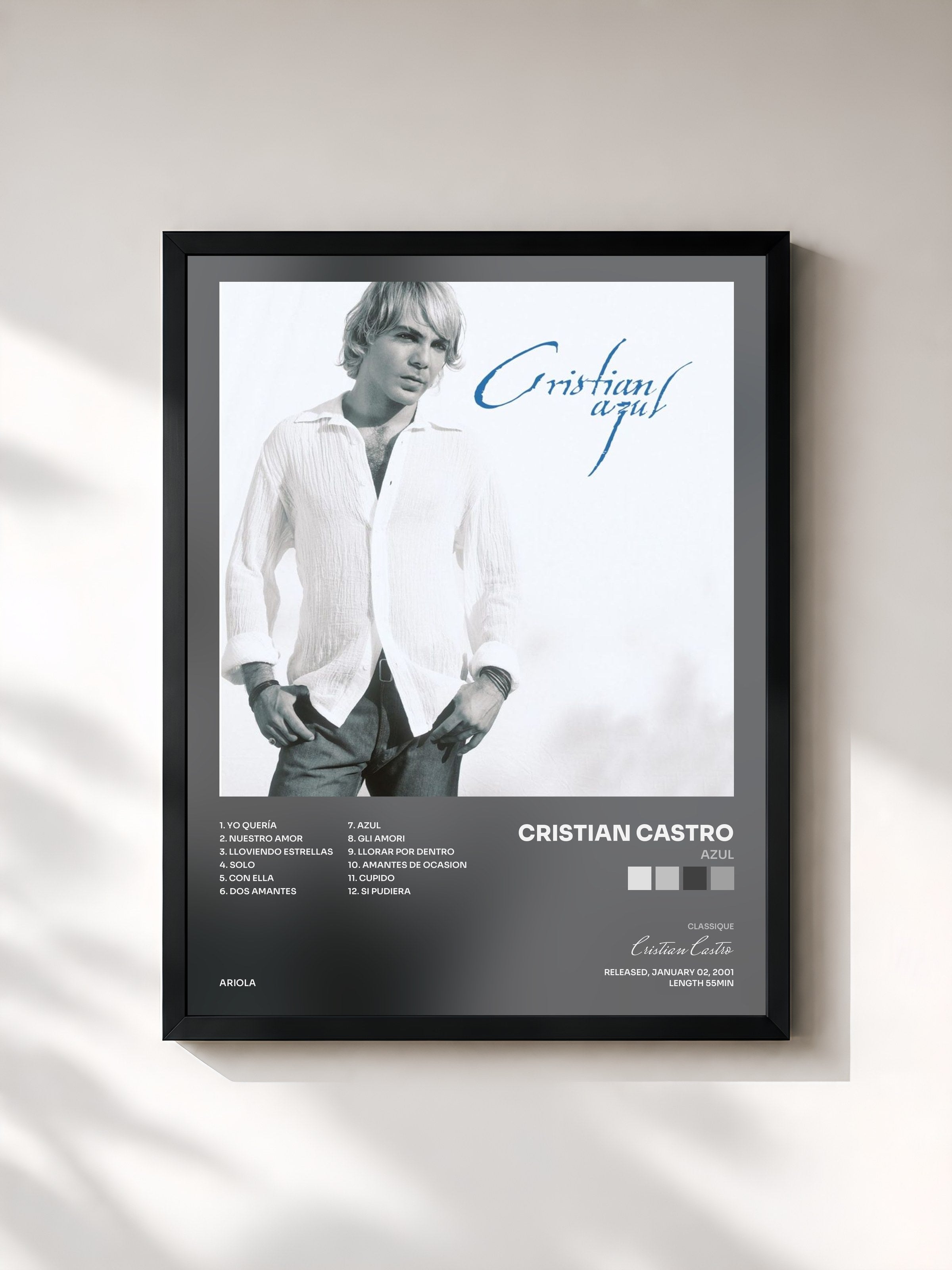 #noir Tableau de l'album Azul de Cristian Castro, cadre noir, imprimé et encadré en France