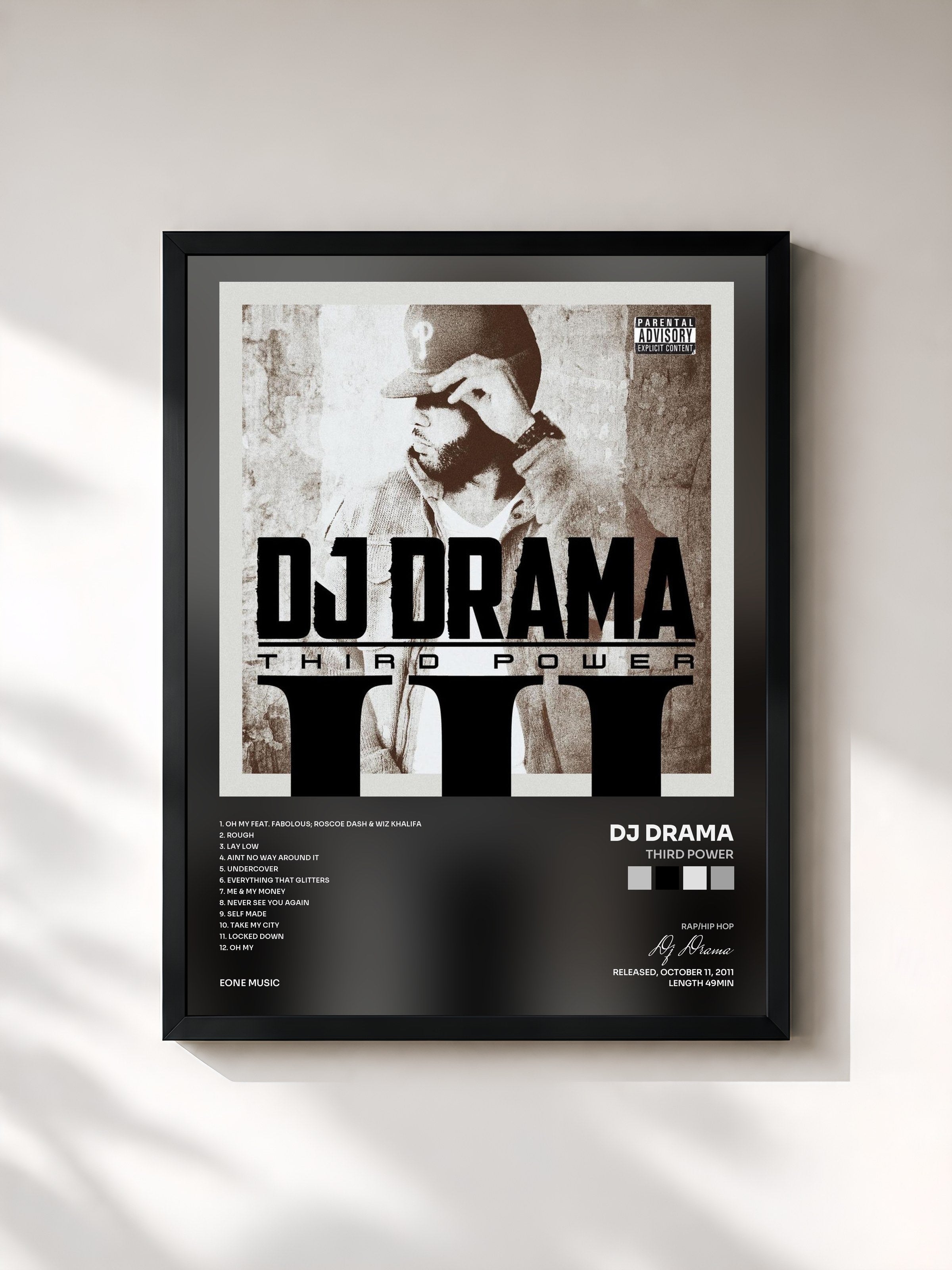 #noir Tableau de l'album Third Power de Dj Drama, cadre noir, imprimé et encadré en France