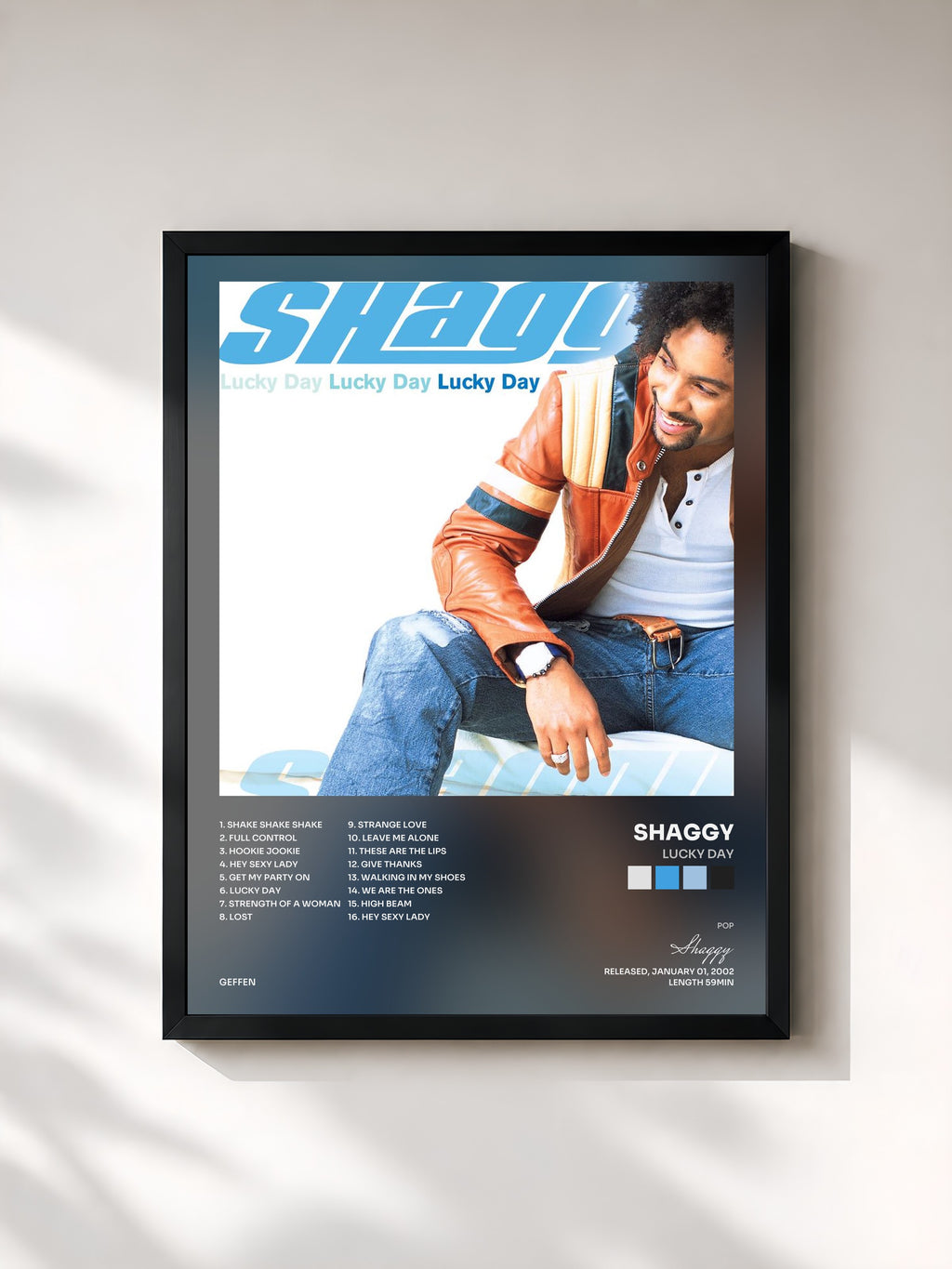 #noir Tableau de l'album Lucky Day de Shaggy, cadre noir, imprimé et encadré en France