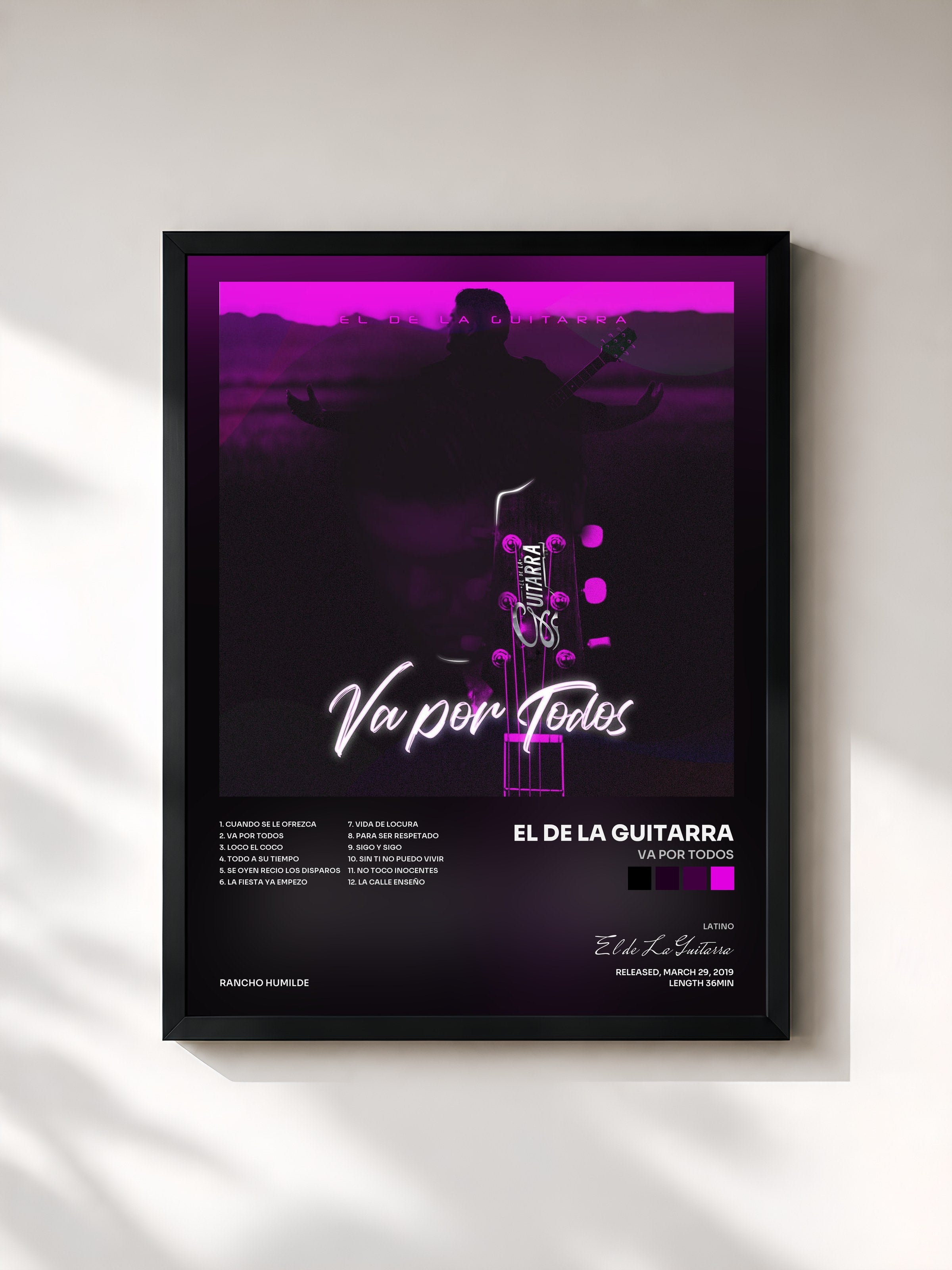 #noir Tableau de l'album Va Por Todos de El de La Guitarra, cadre noir, imprimé et encadré en France
