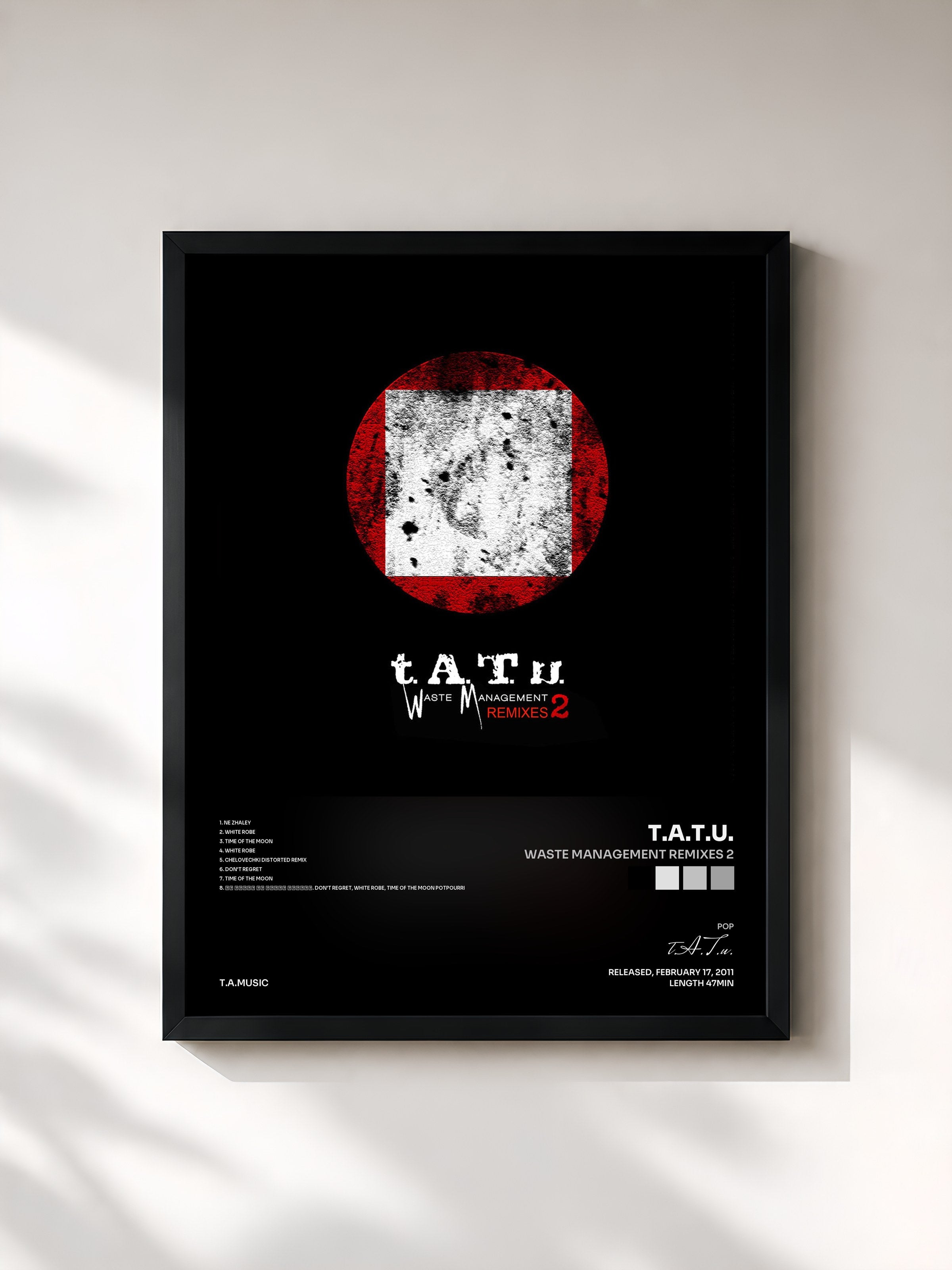 #noir Tableau de l'album Waste Management Remixes 2 de t.A.T.u., cadre noir, imprimé et encadré en France