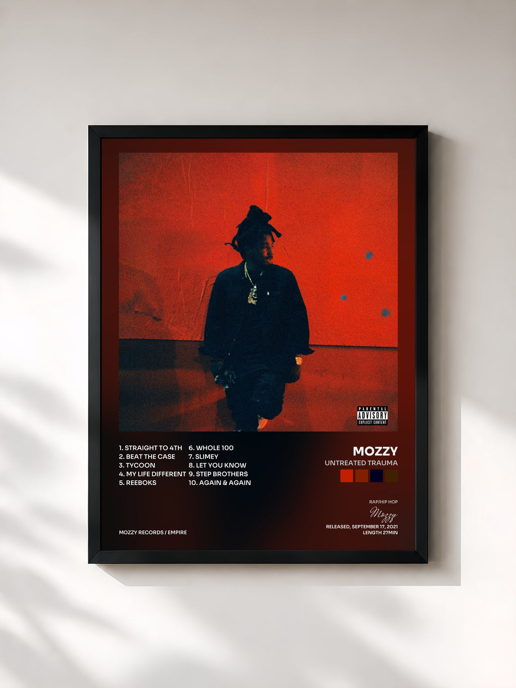 #noir Tableau de l'album Untreated Trauma de Mozzy, cadre noir, imprimé et encadré en France