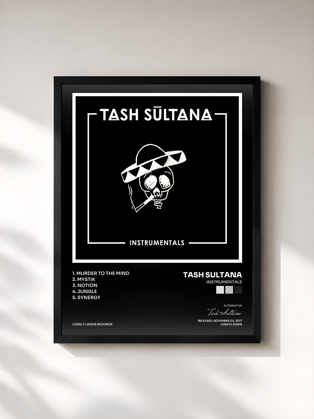 #noir Tableau de l'album Instrumentals de Tash Sultana, cadre noir, imprimé et encadré en France