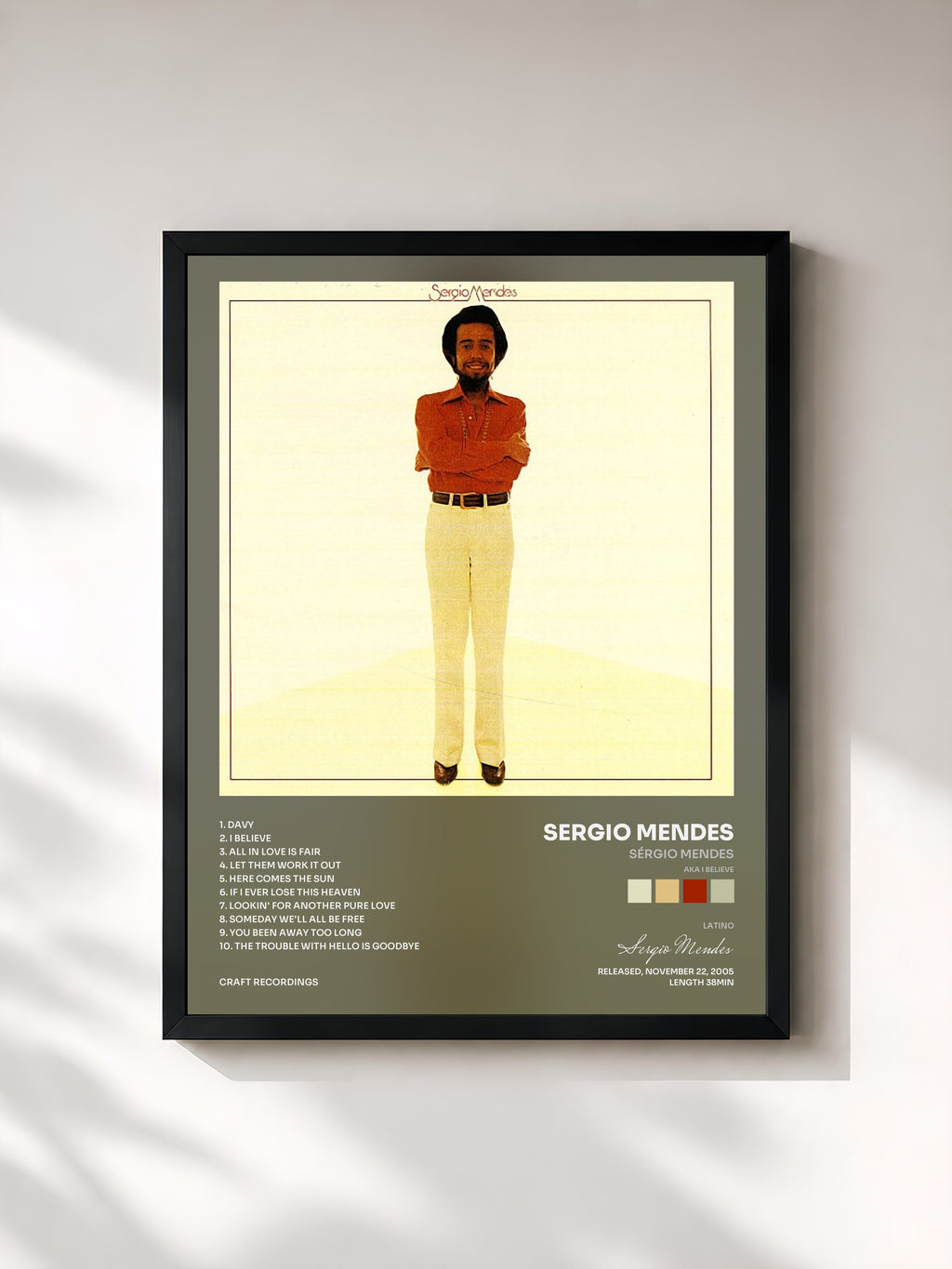 #noir Tableau de l'album Sérgio Mendes (AKA I Believe) de Sergio Mendes, cadre noir, imprimé et encadré en France